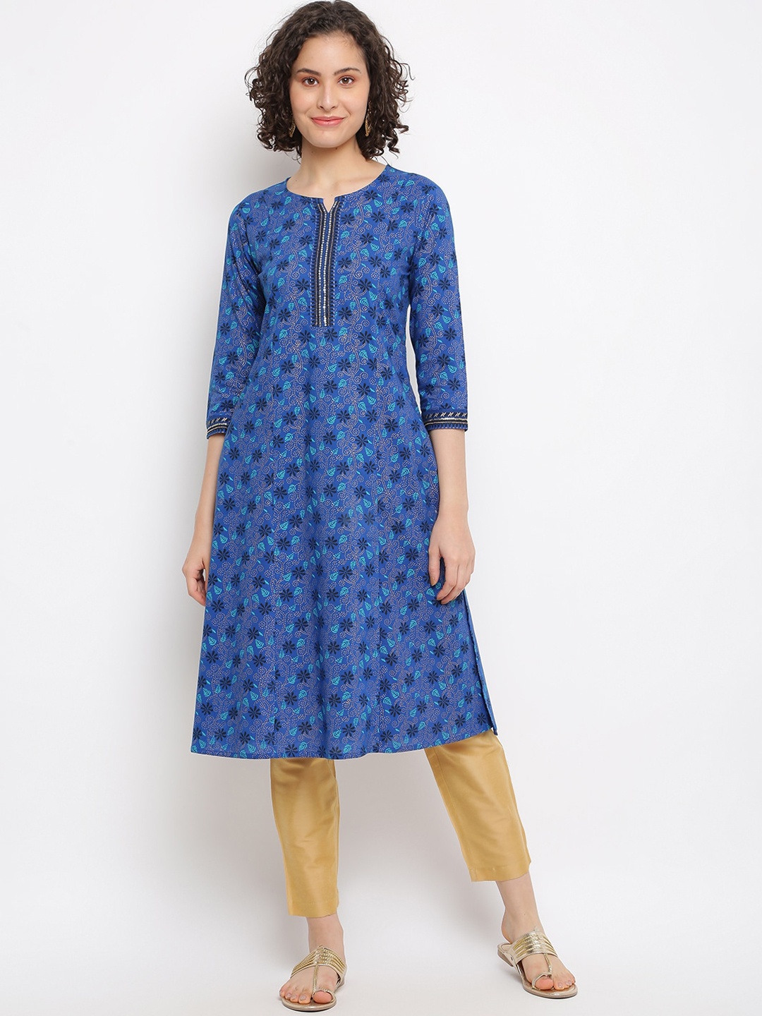 

IMARA Floral Printed Notched Neck Sequinned Pure Cotton A-Line Kurta, Blue