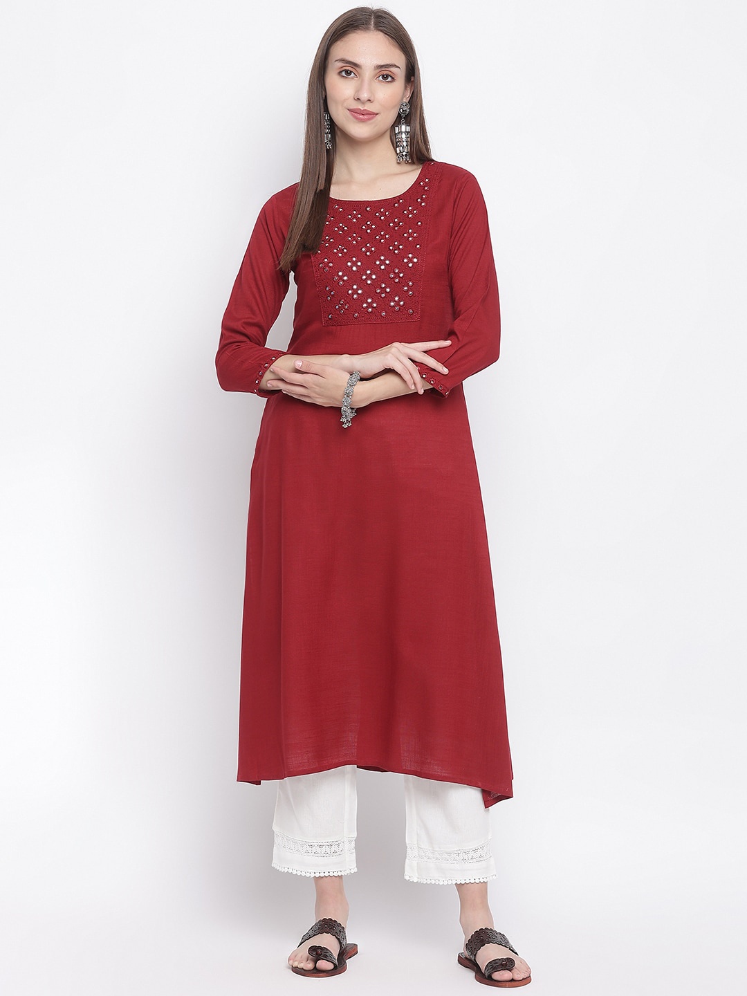 

IMARA Women Maroon Embroidered Mirror Work Kurta