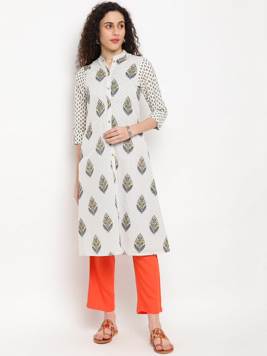 

IMARA Floral Printed Band Collar Panelled Pure Cotton A-Line Kurta, White
