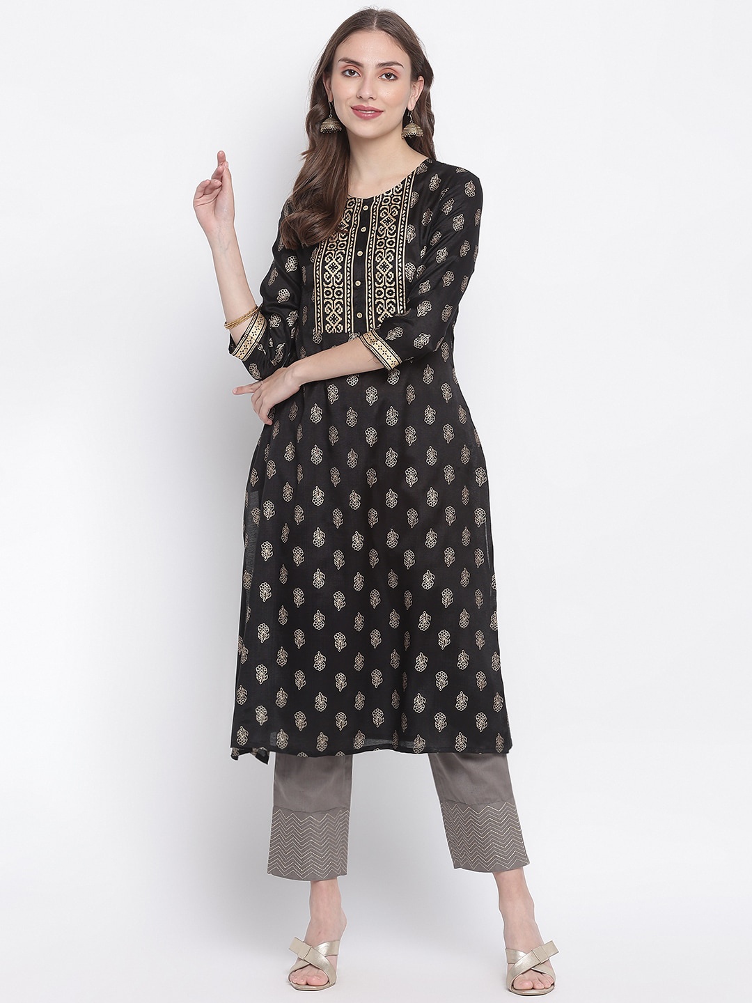 

IMARA Ethnic Motifs Printed Straight Kurta, Black