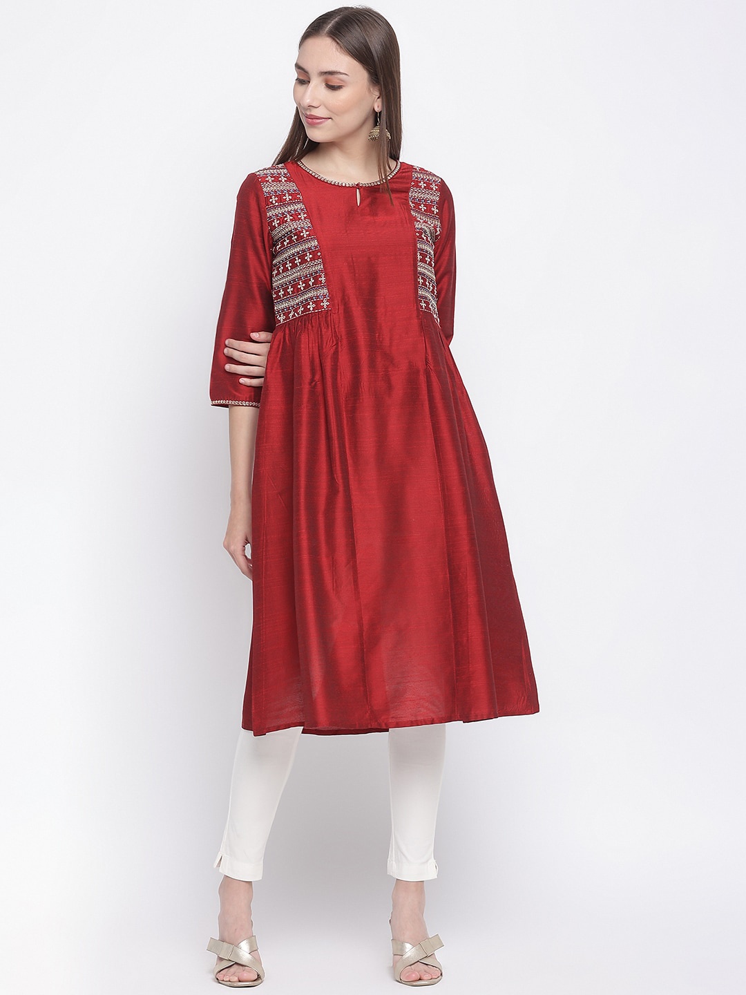 

IMARA Ethnic Motifs Embroidered Keyhole Neck Thread Work A-Line Kurta, Maroon