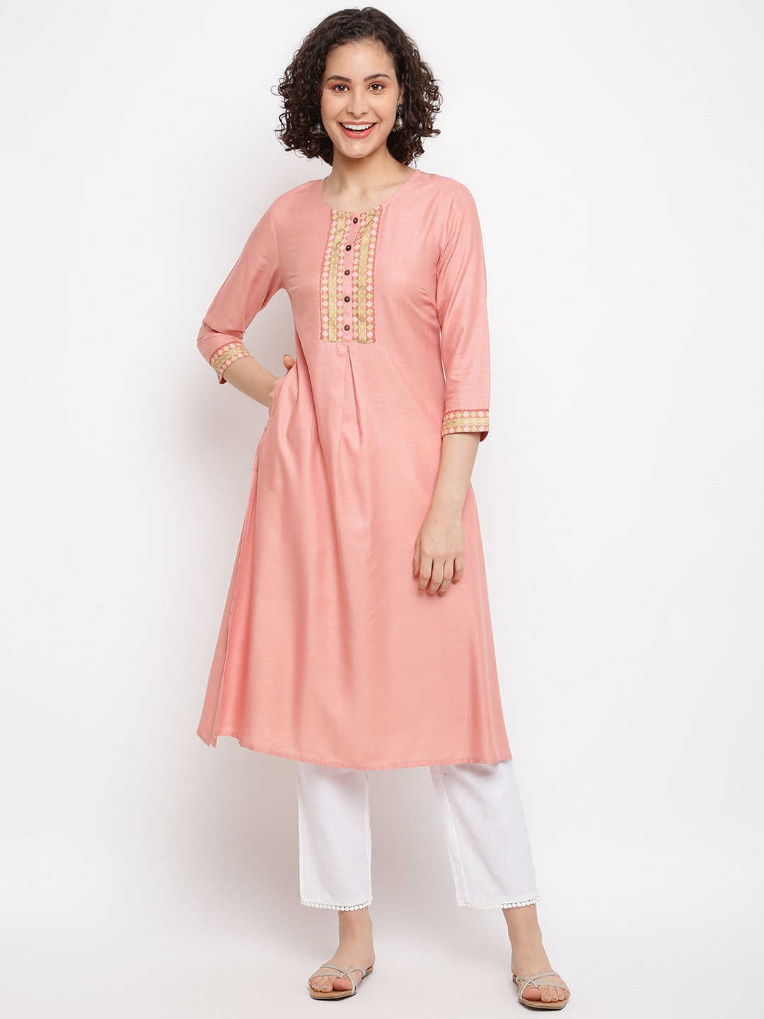 

IMARA Geometric Yoke Design Thread Work A-Line Kurta, Pink