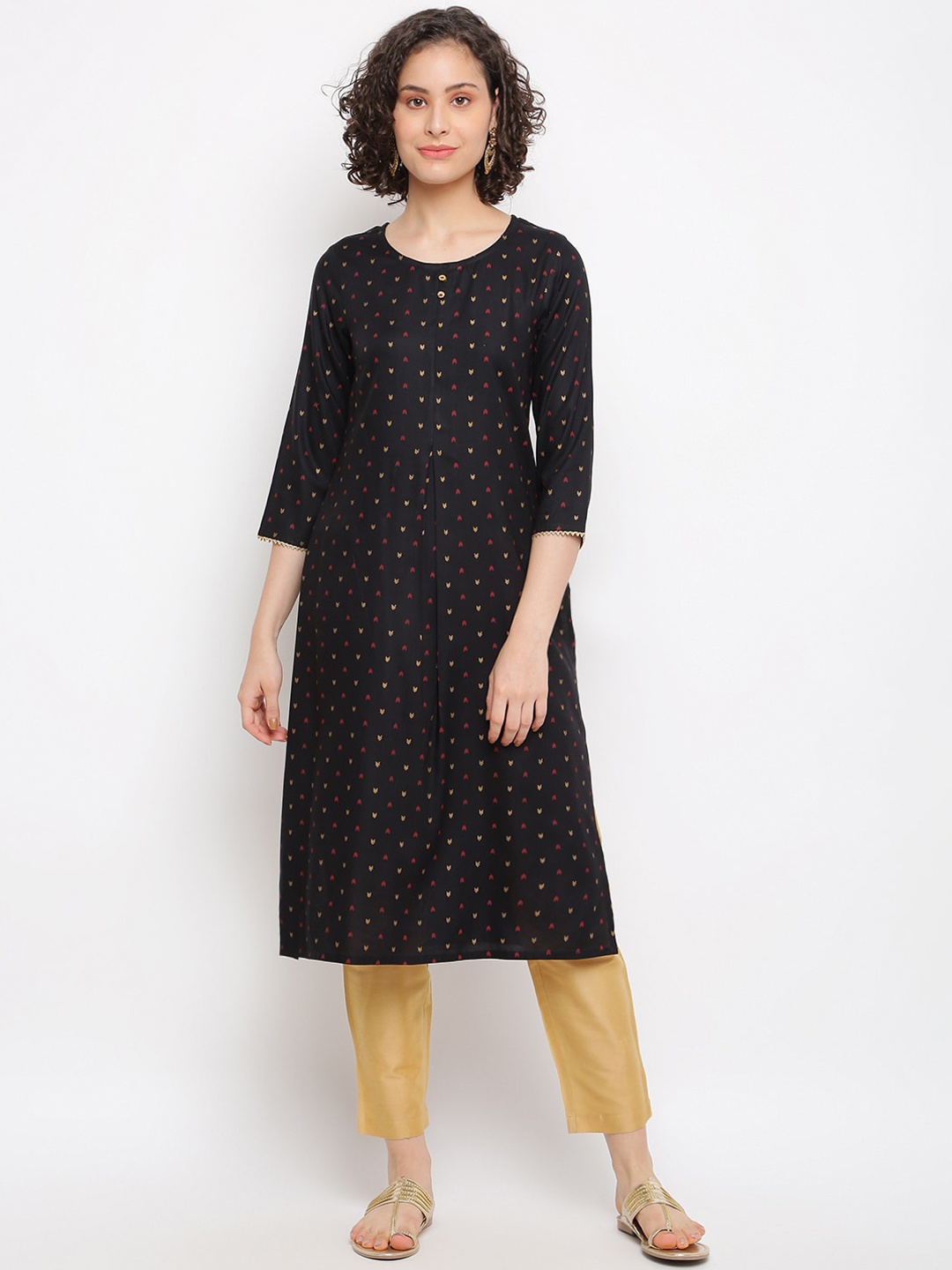 

IMARA Geometric Woven Design Straight Kurta, Black