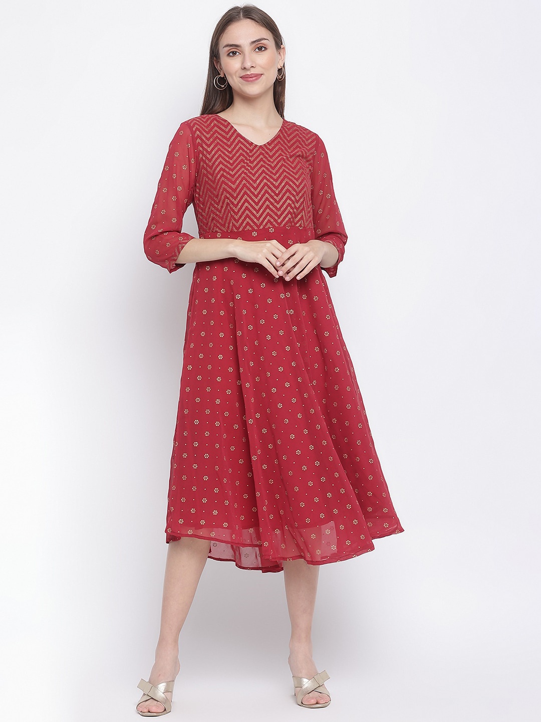 

IMARA Ethnic Motifs Printed V-Neck Georgette Anarkali Kurta, Maroon