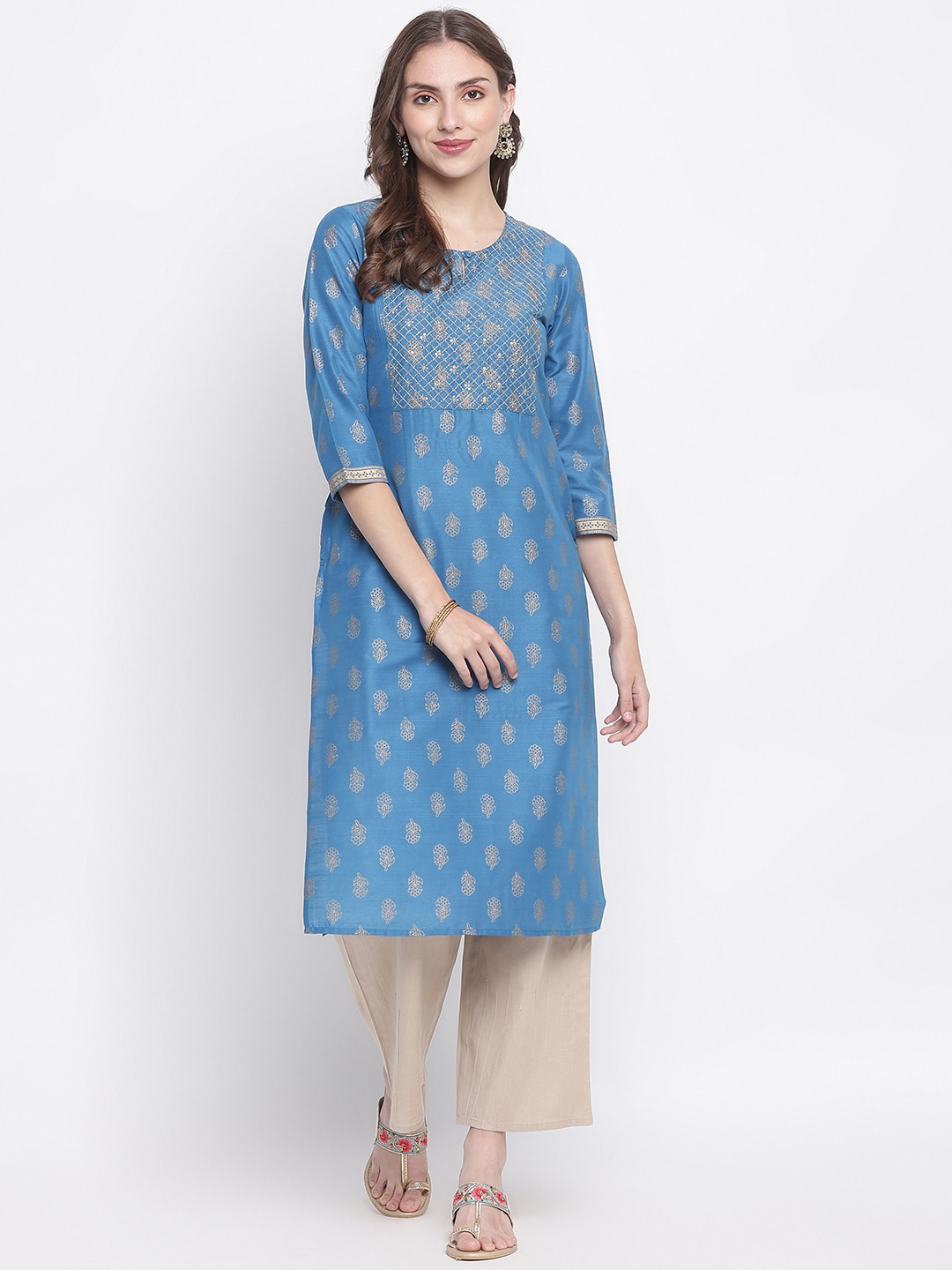 

IMARA Floral Printed Keyhole Neck Sequinned Kurta, Teal