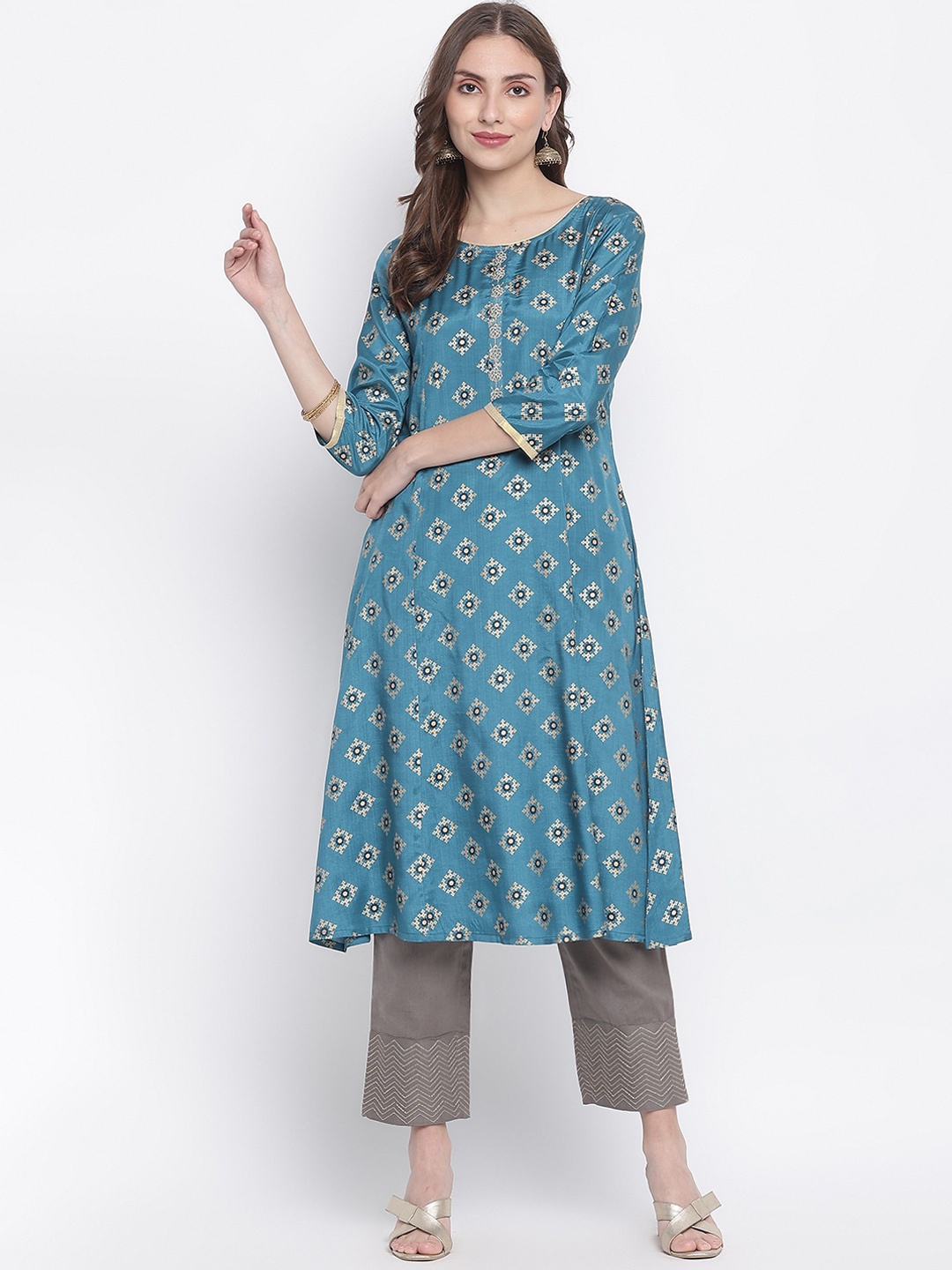 

IMARA Ethnic Motifs Printed Thread Work A-Line Kurta, Teal