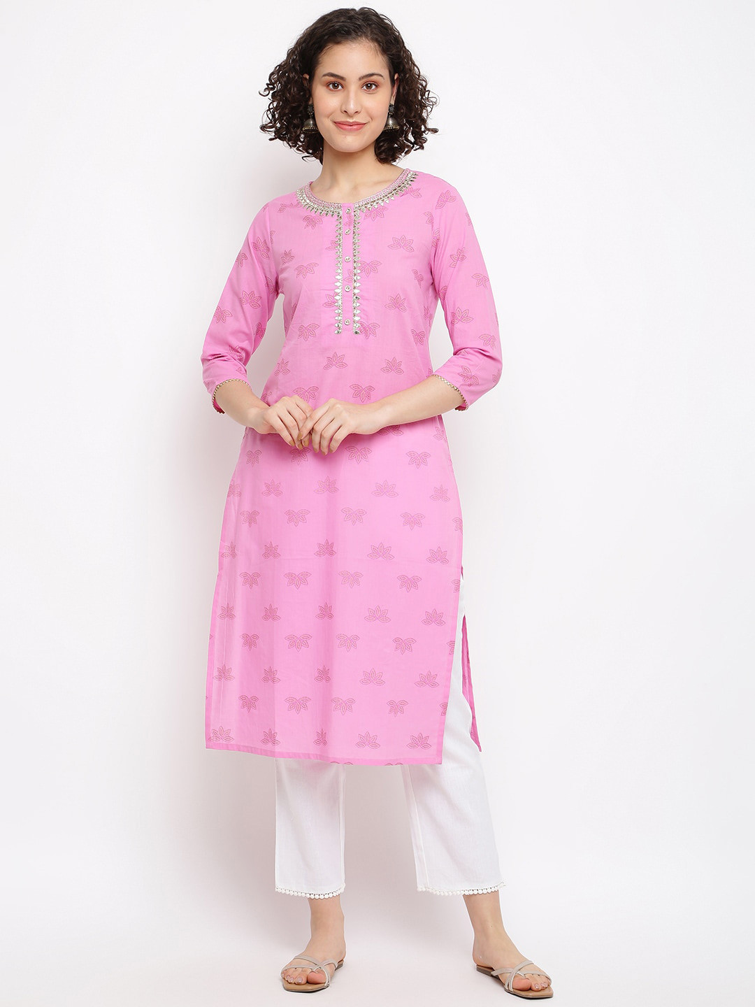 

IMARA Floral Embroidered Mirror Work Cotton Kurta, Pink