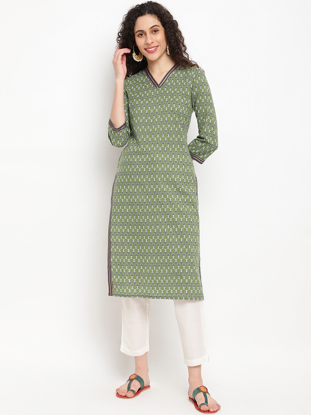 

IMARA Floral Printed V Neck Pure Cotton Kurta, Olive