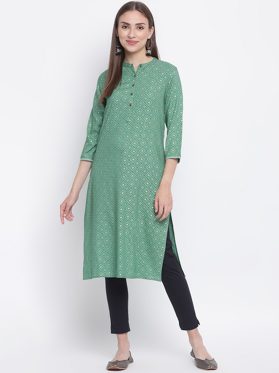 

IMARA Geometric Printed Band Collar Kurta, Green