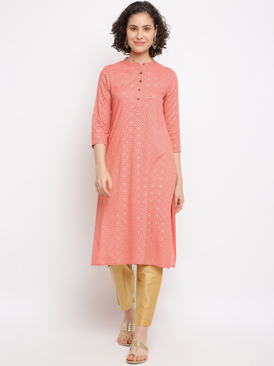 

IMARA Geometric Printed Band Collar Kurta, Peach