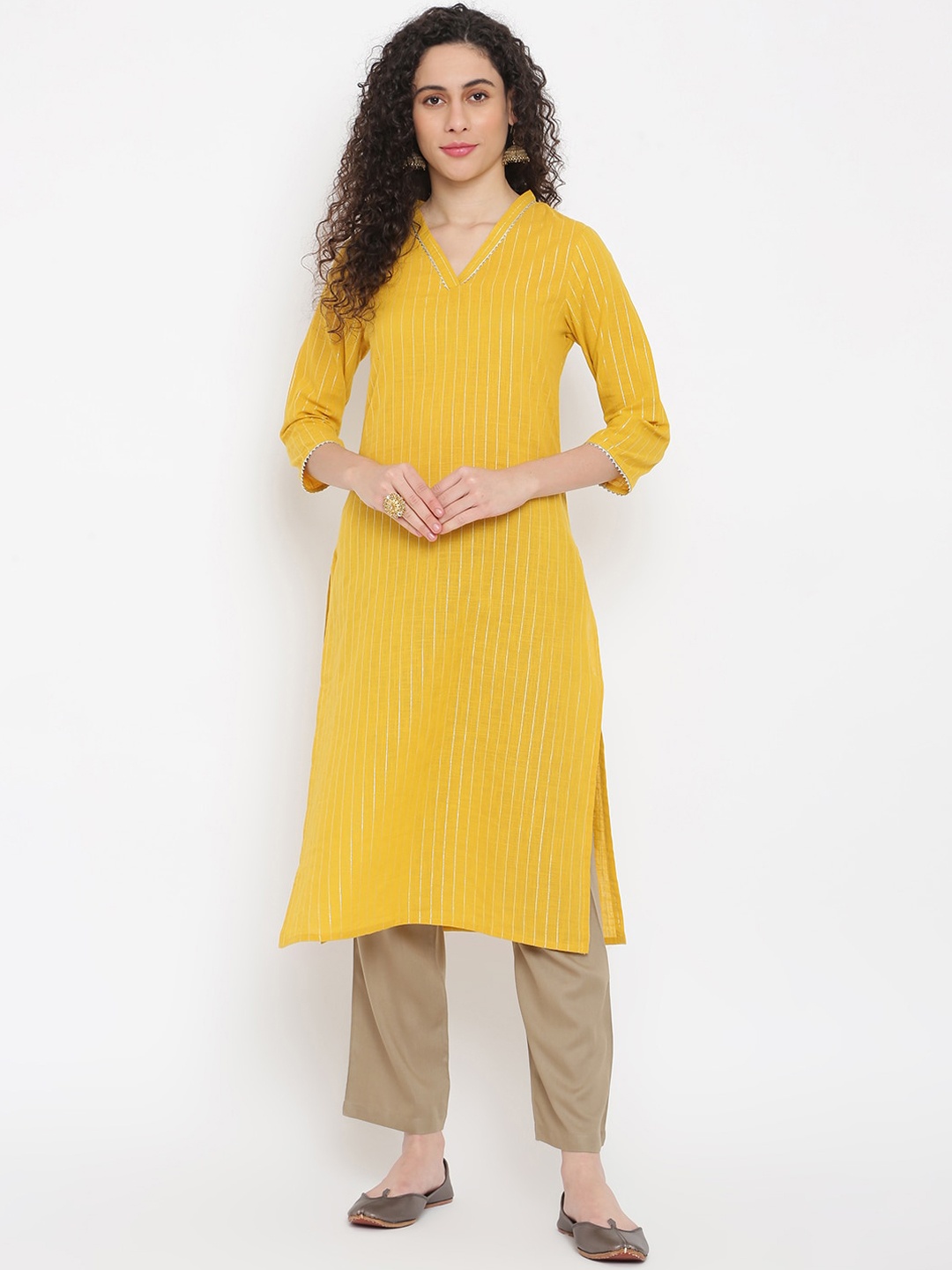 

IMARA Striped V Neck Gotta Patti Kurta, Mustard