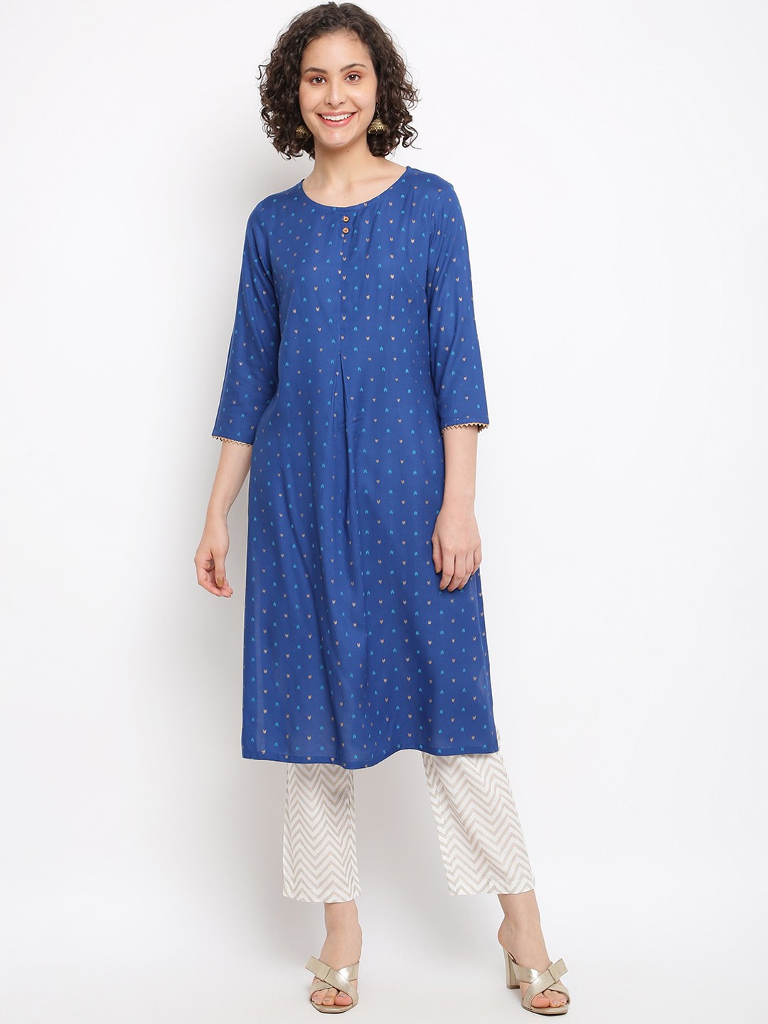 

IMARA Geometric Printed A-Line Kurta, Blue