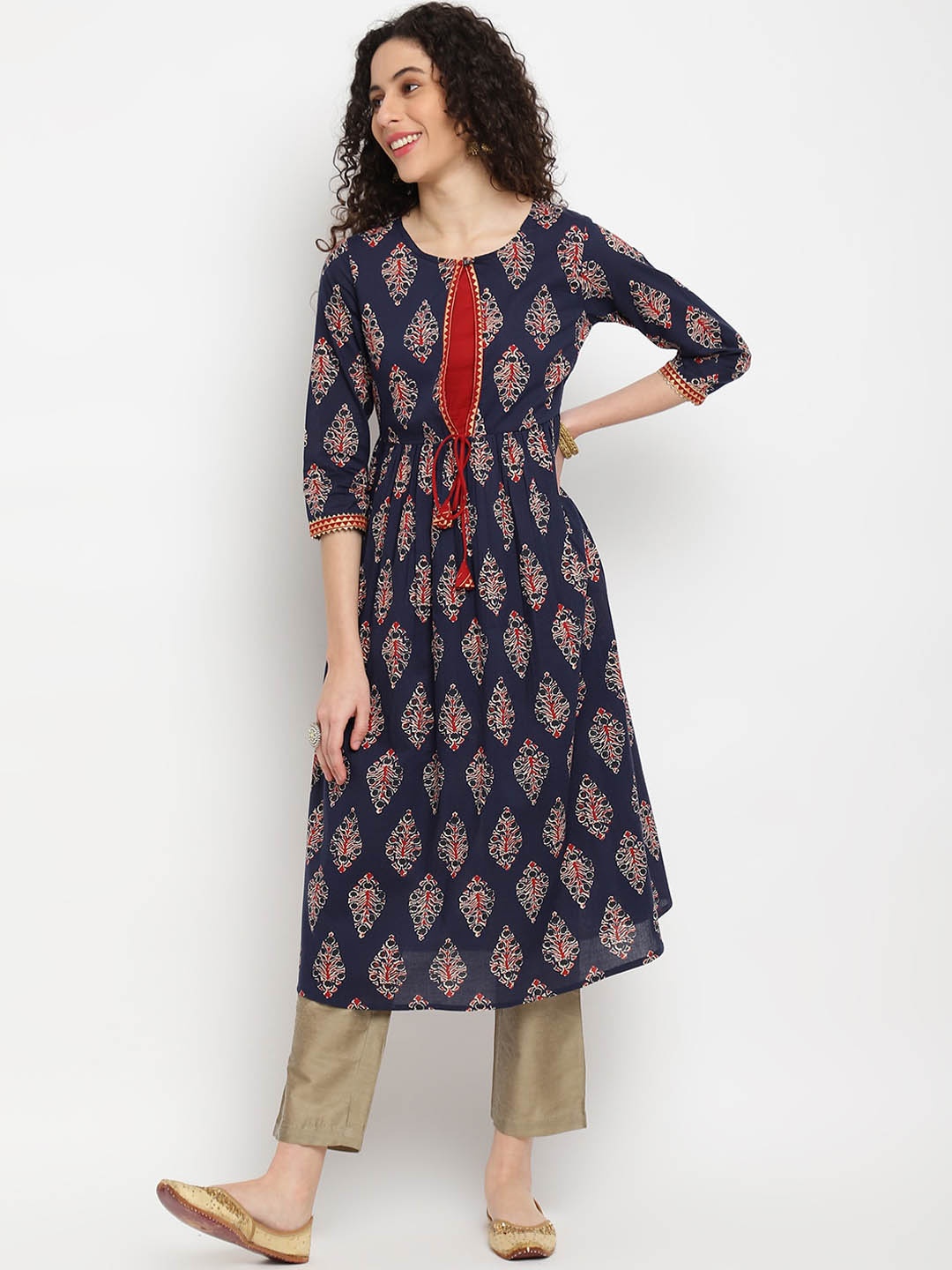 

IMARA Ethnic Motifs Printed Pure Cotton Anarkali Kurta, Navy blue