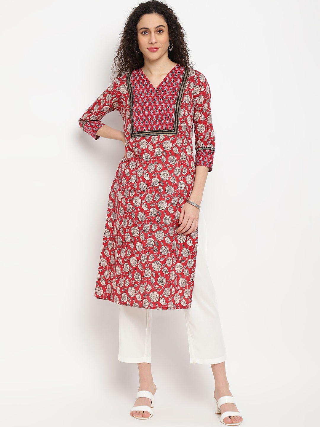 

IMARA Ethnic Motifs Printed V-neck Pure Cotton Kurta, Maroon