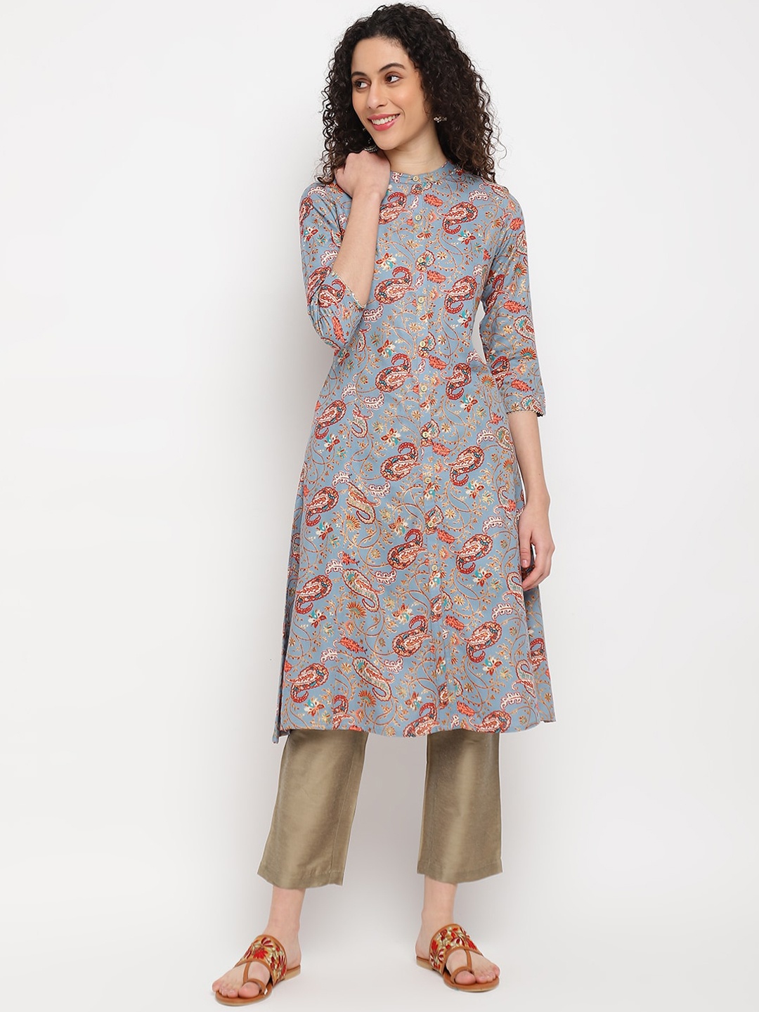 

IMARA Pailsey Printed Band Collar A-Line Kurta, Blue