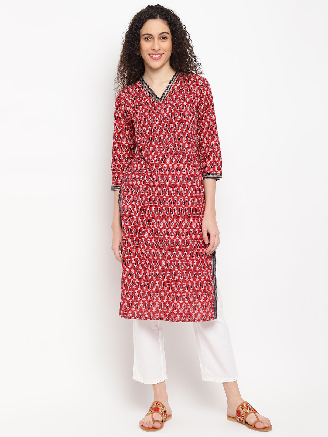 

IMARA Ethnic Motifs Printed V-Neck Pure Cotton Straight Kurta, Red