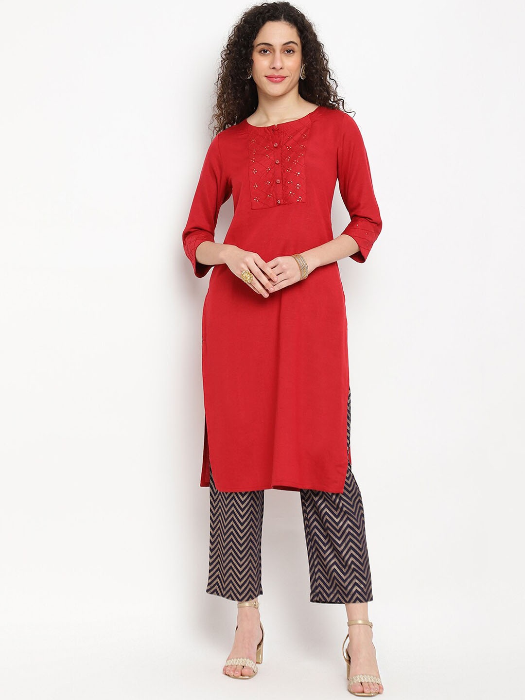 

IMARA Embellished Yoke Design Sequinned Kurta, Maroon