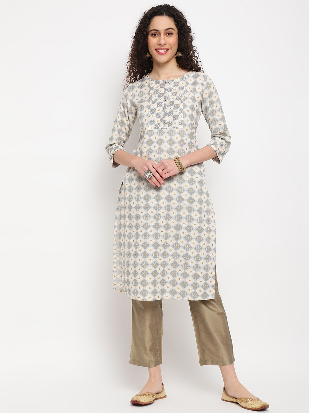 

IMARA Ethnic Motifs Printed Sequinned Pure Cotton Kurta, Off white