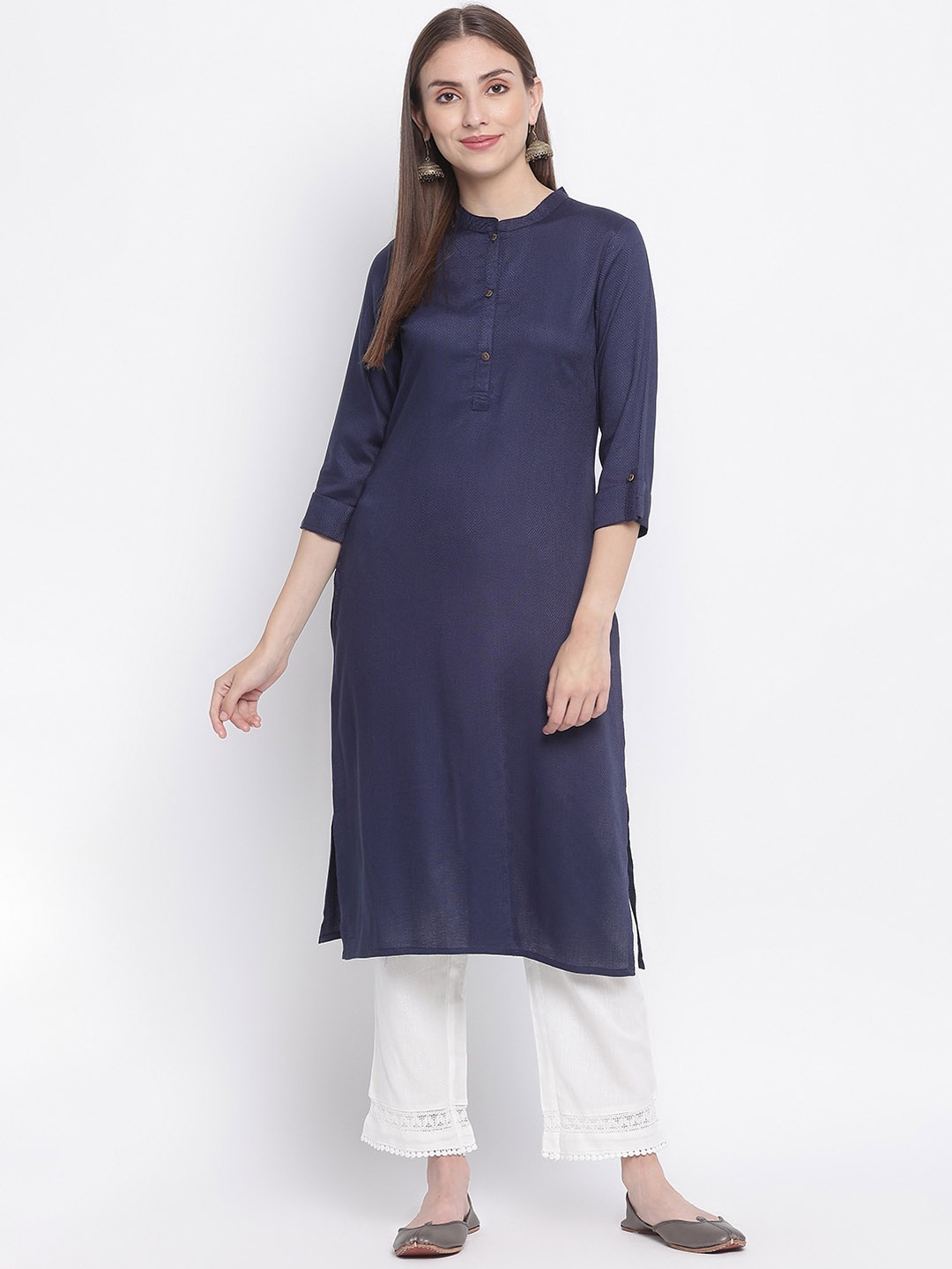 

IMARA Woven Design Mandarin Collar Straight Kurta, Navy blue
