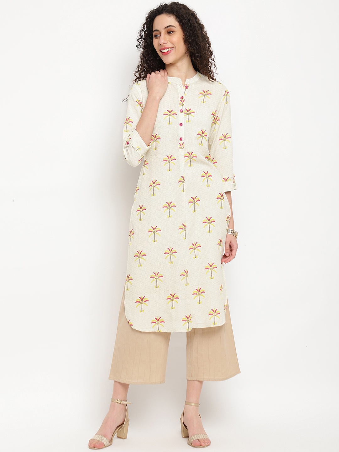 

IMARA Floral Printed Mandarin Collar Curved Hem Kurta, Off white