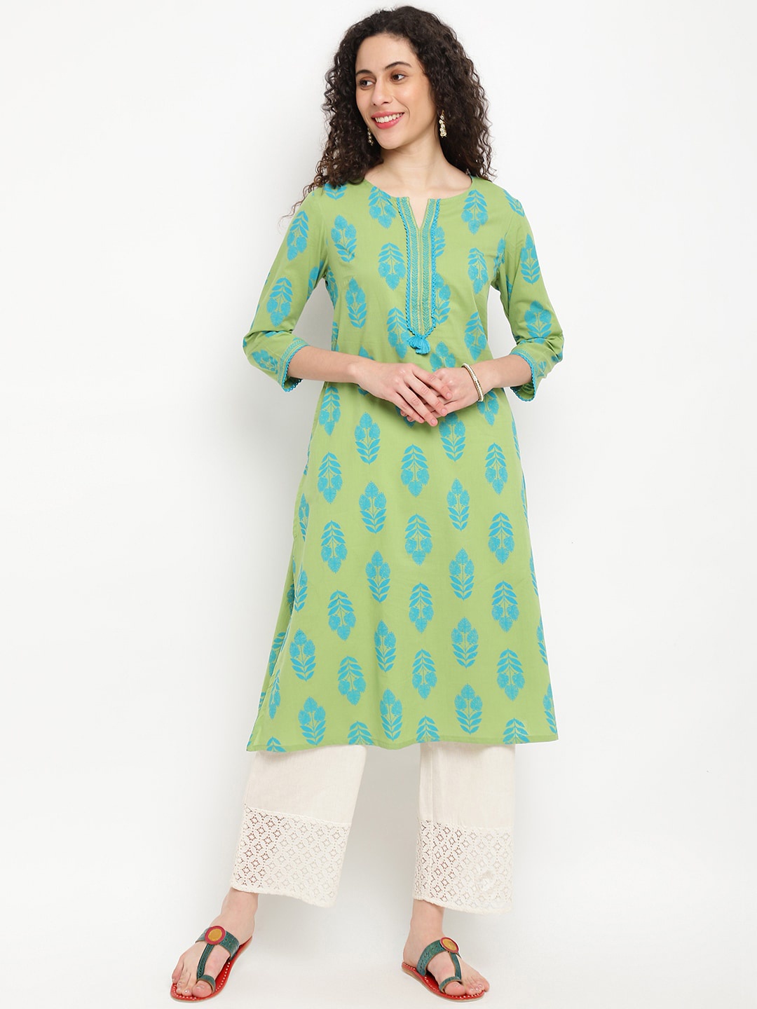 

IMARA Ethnic Motifs Printed Notched Neck Pure Cotton Kurta, Green