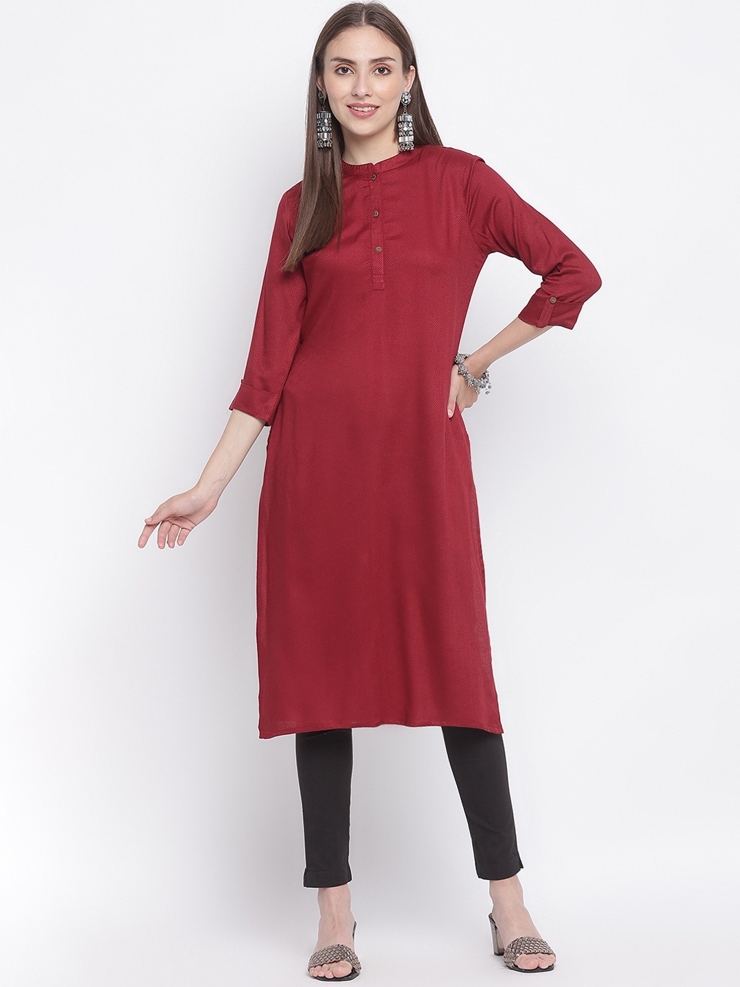 

IMARA Woven Design Mandarin Collar Roll Up Sleeves Kurta, Red