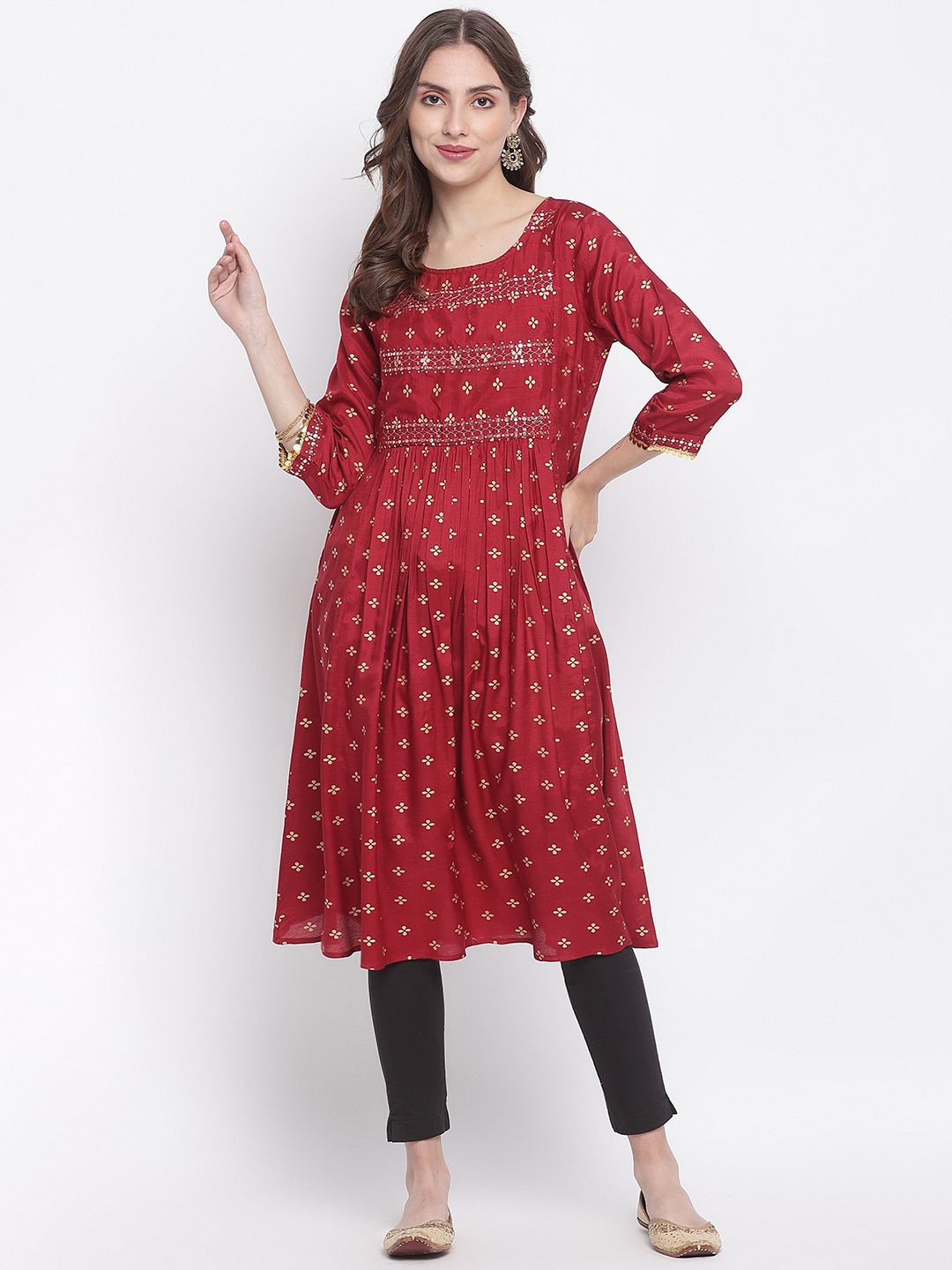 

IMARA Ethnic Motifs Printed Mirror Work Anarkali Kurta, Maroon