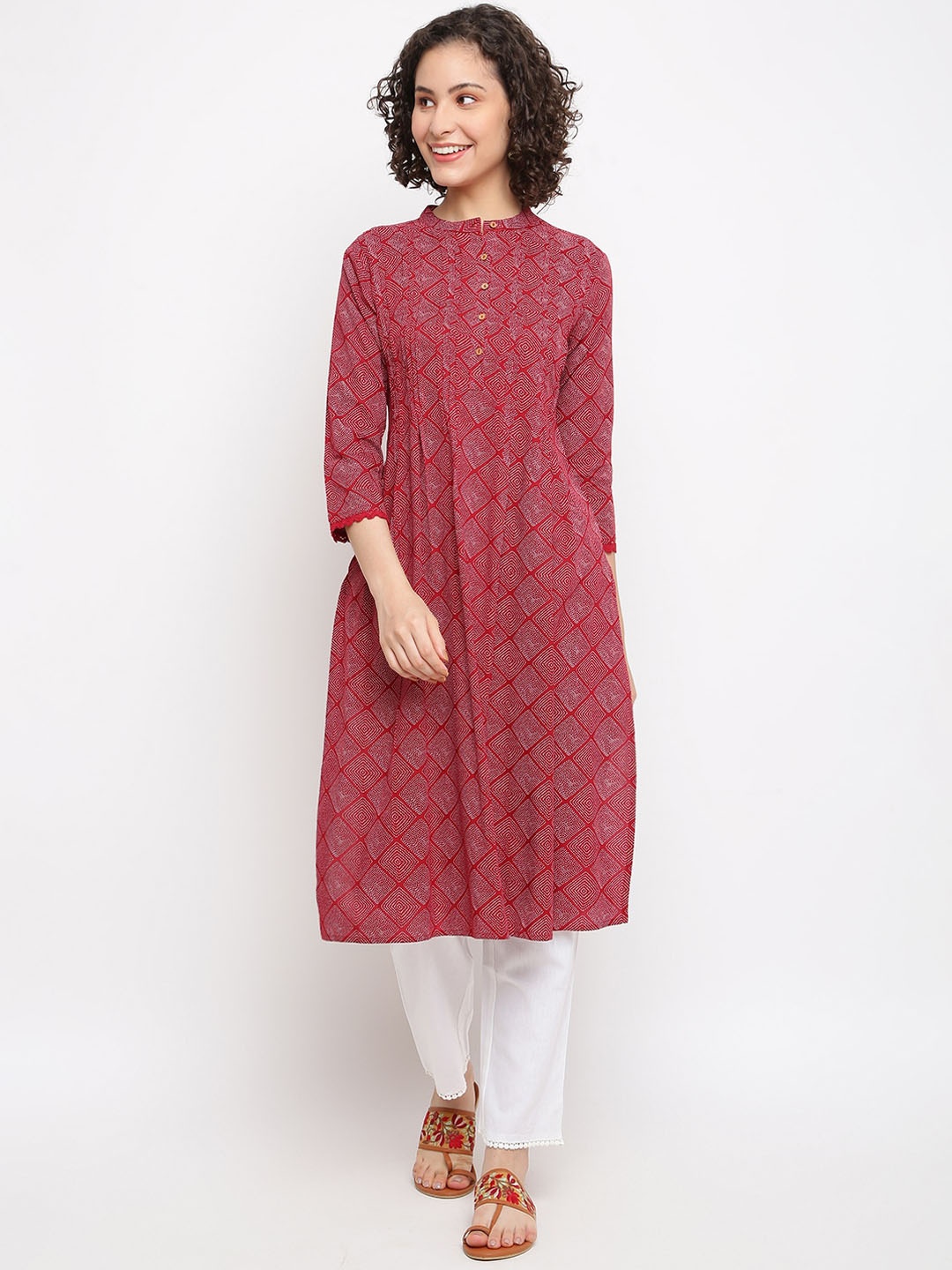 

IMARA Geometric Printed Mandarin Collar Pleated Kurta, Red