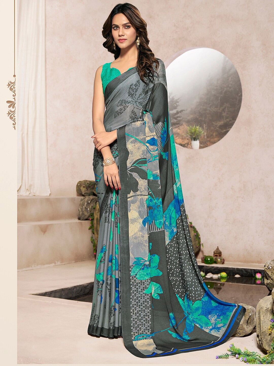 

Mitera Floral Printed Poly Georgette Saree, Grey