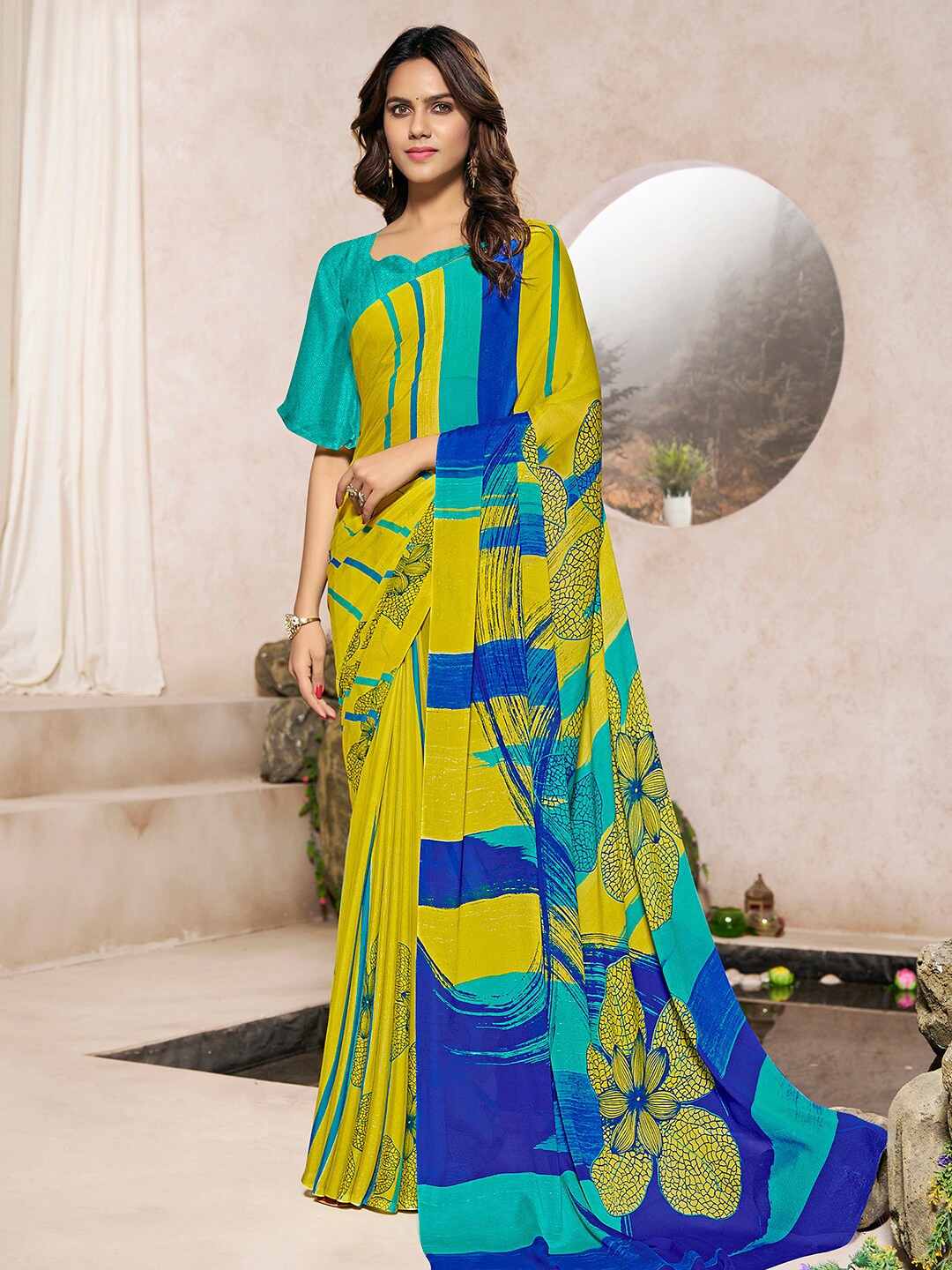 

Mitera Floral Printed Saree, Green