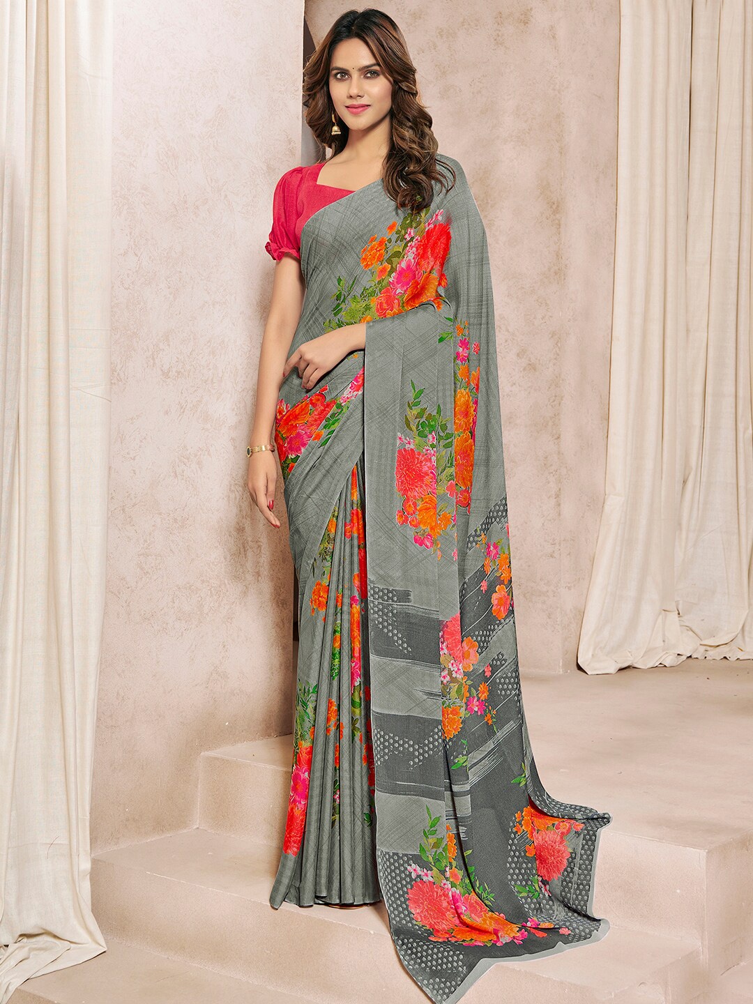 

Mitera Floral Printed Saree, Grey