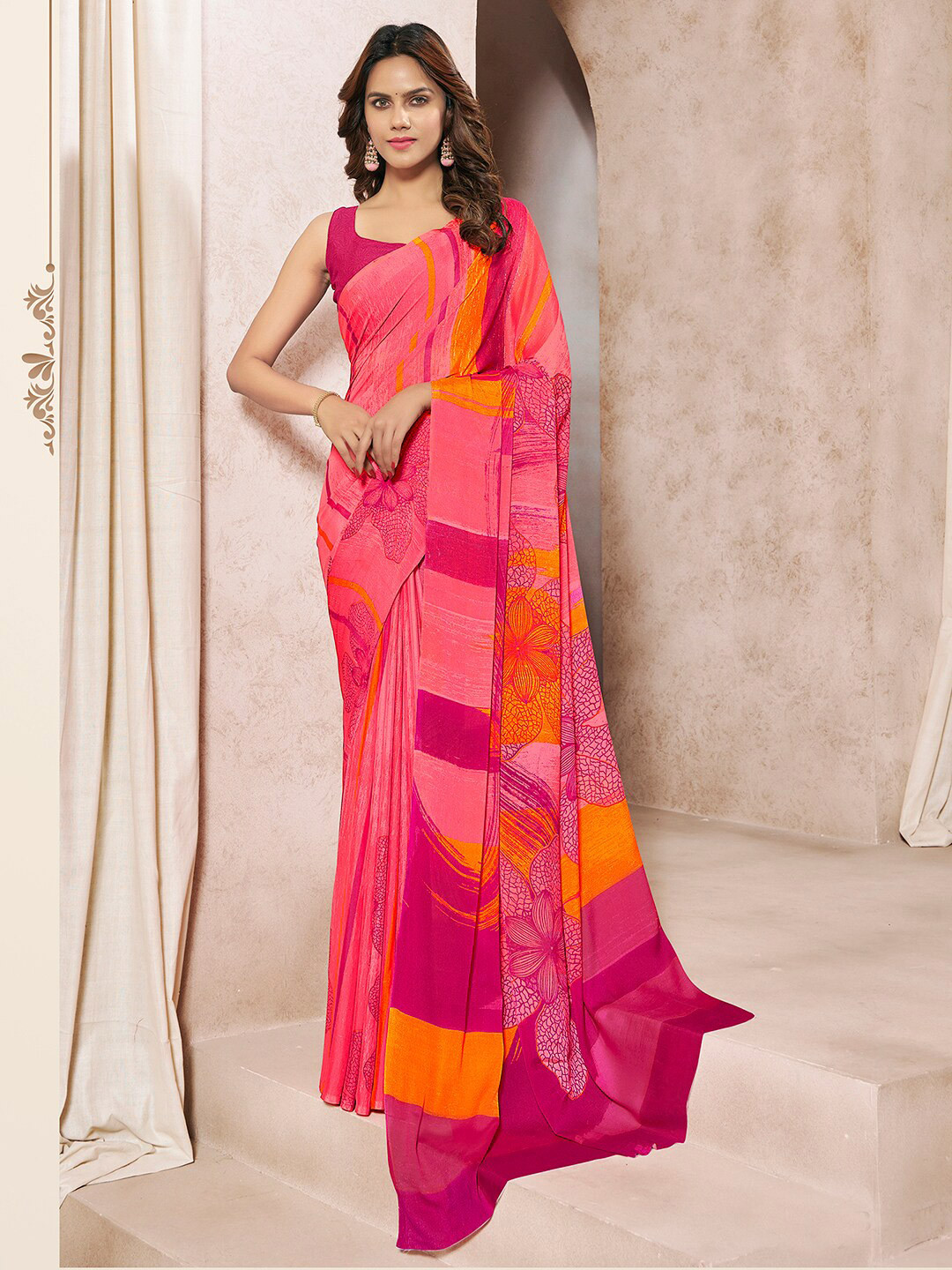 

Mitera Floral Printed Saree, Pink