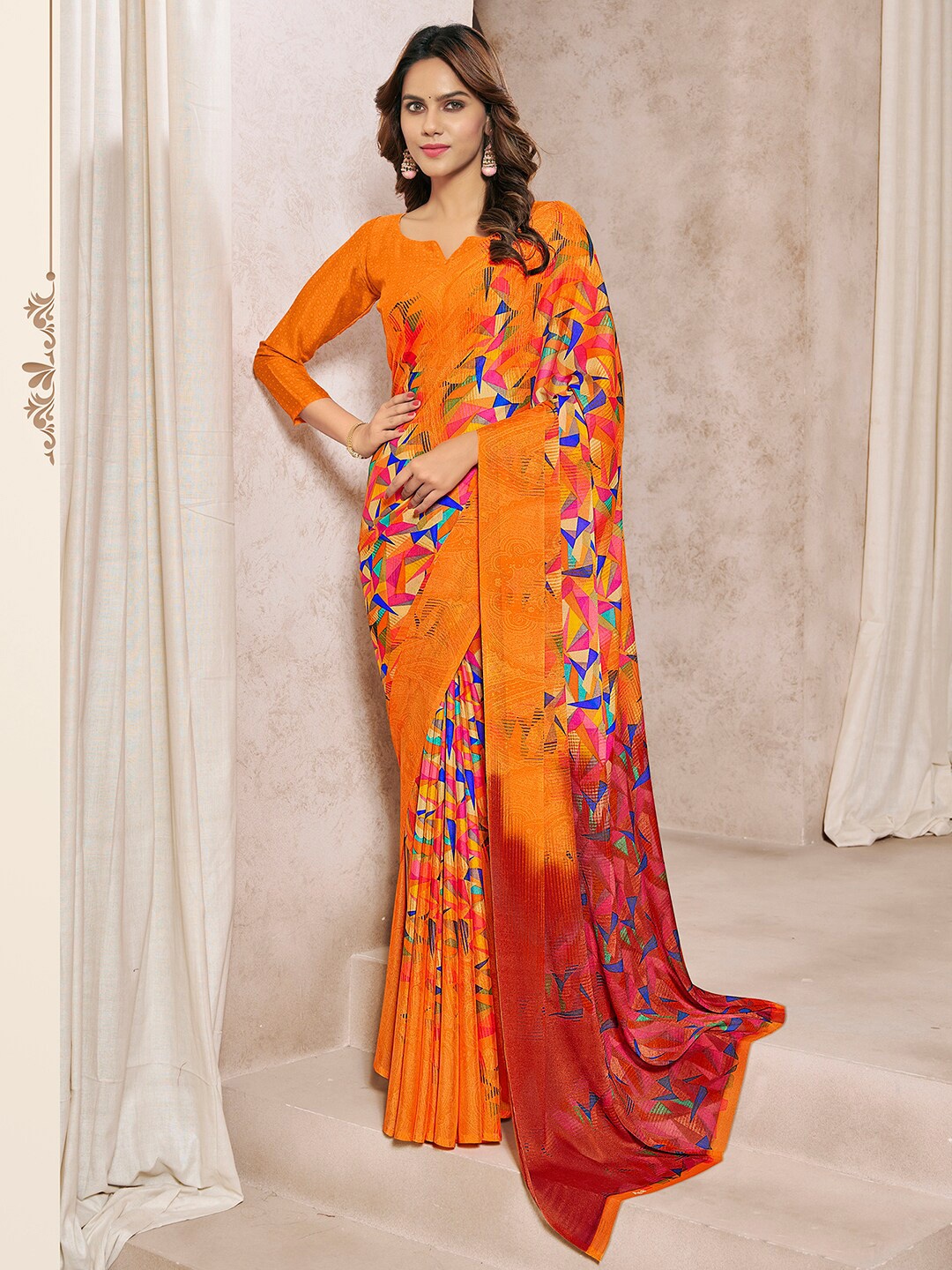 

Mitera Geometric Printed Saree, Orange