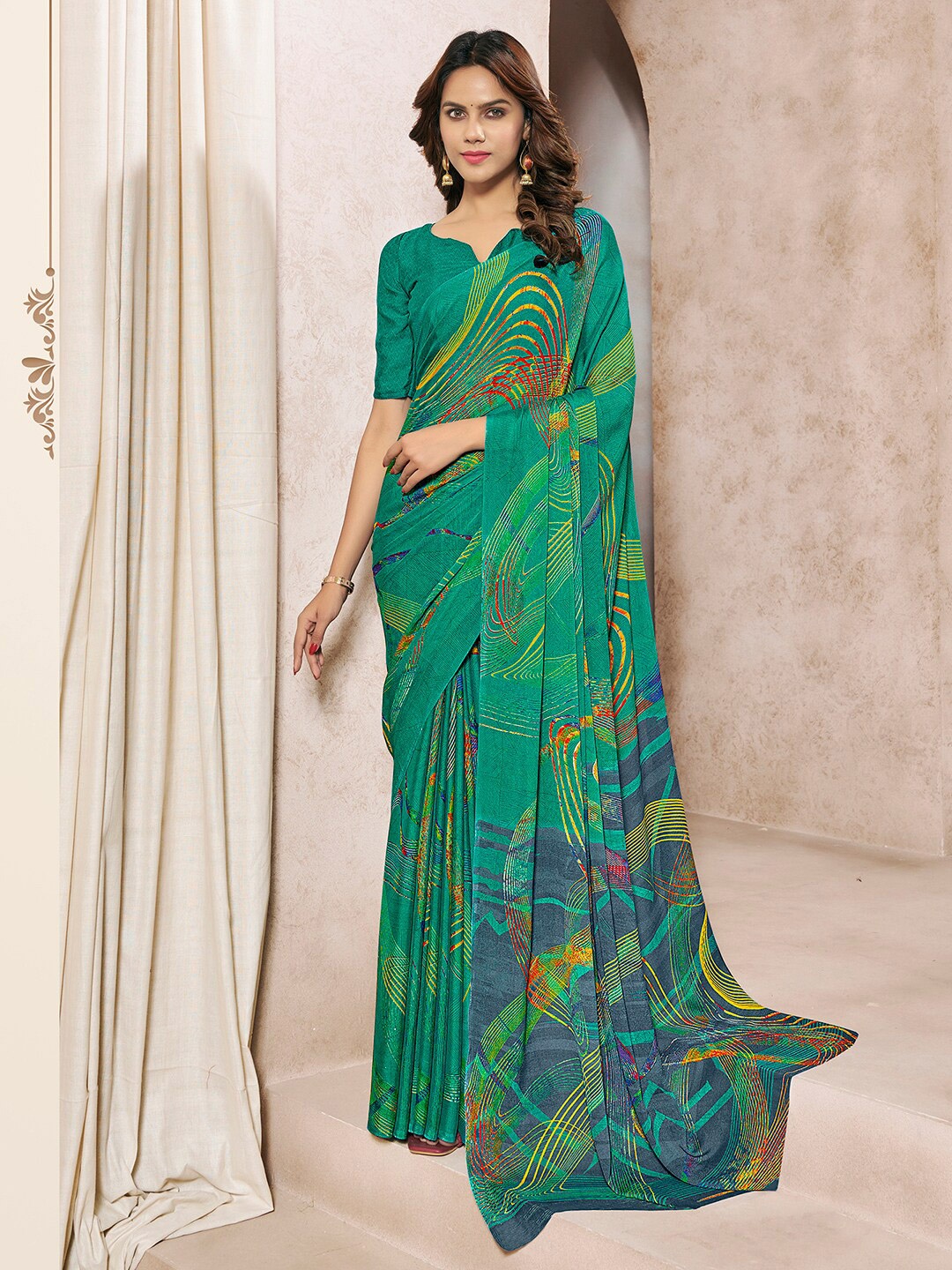 

Mitera Abstract Printed Poly Georgette Saree, Green