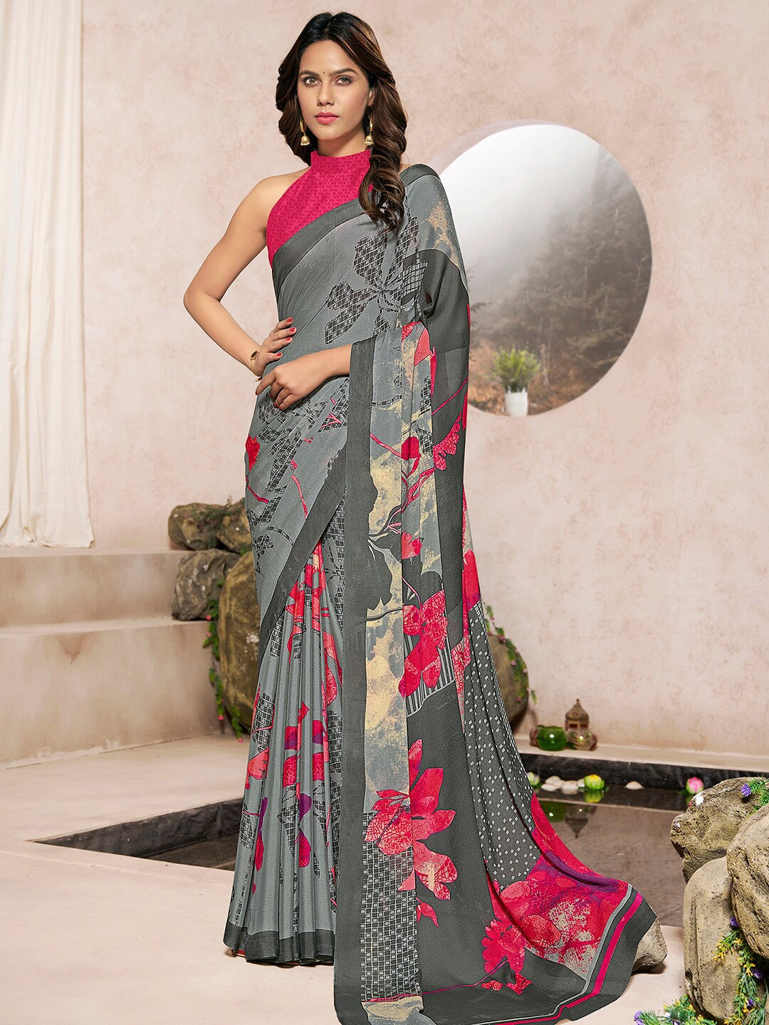 

Mitera Floral Printed Poly Georgette Saree, Grey