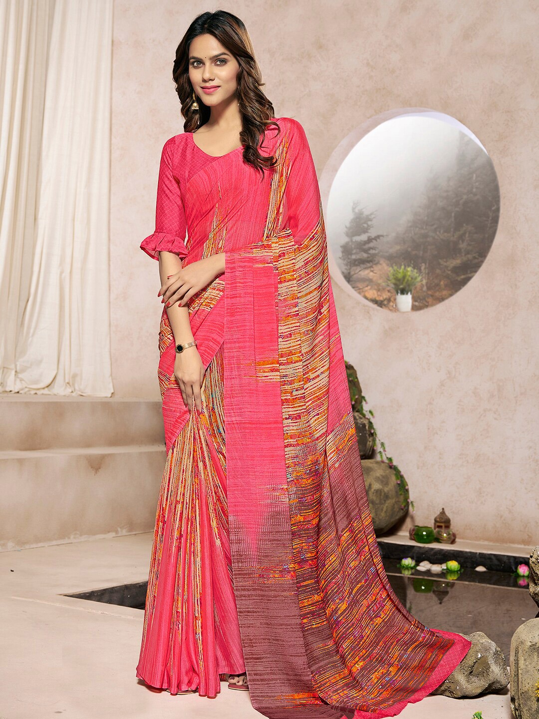 

Mitera Abstract Printed Saree, Pink