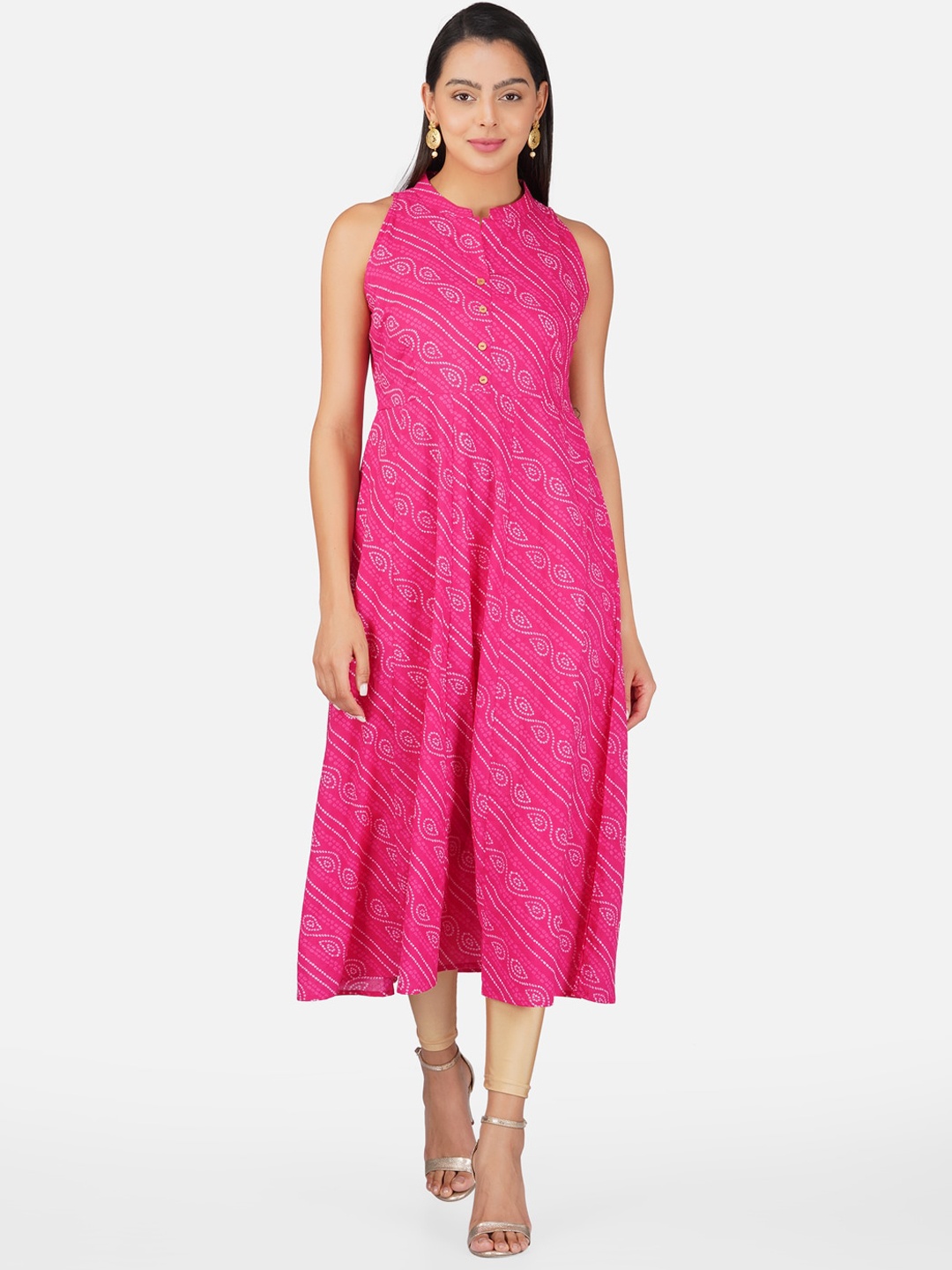 

METRO-FASHION Bandahani Printed Mandarin Collar Pure Cotton A-Line Kurta, Pink