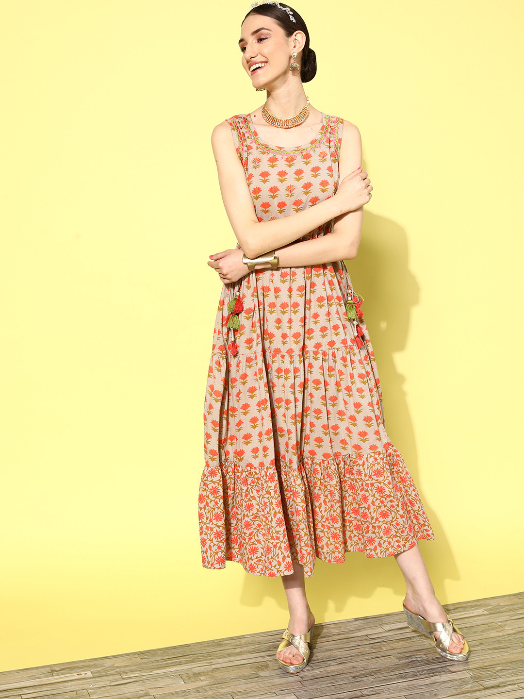 

Sangria Women Floral Printed Tie-Ups Tiered Fit & Flare Ethnic Dress, Beige