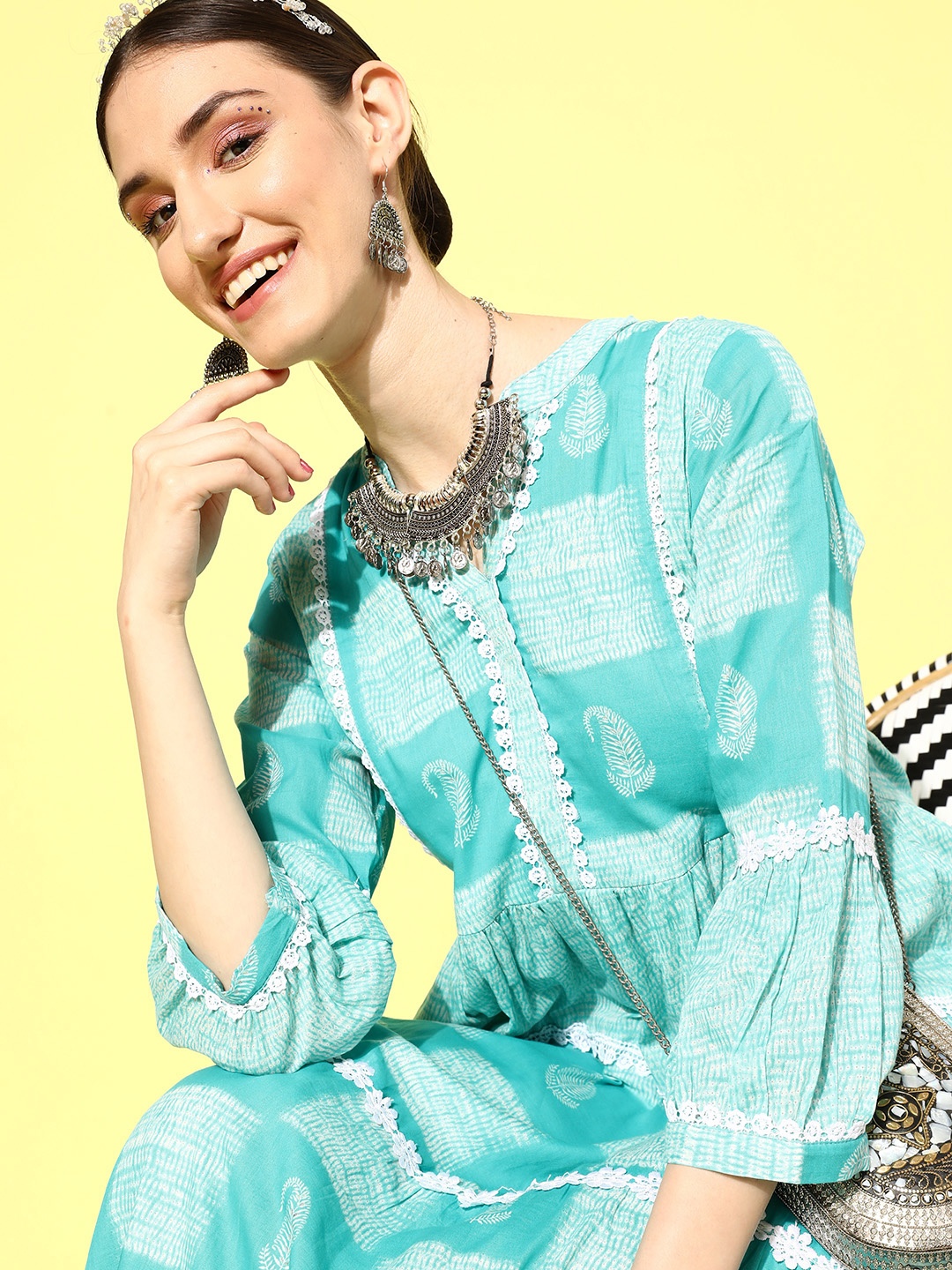 

Sangria Women Ethnic Motifs Printed Tiered Fit & Flare Maxi Dress, Turquoise blue
