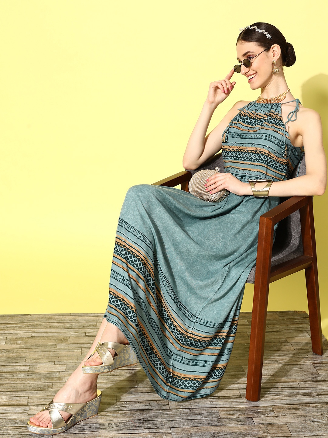 

Sangria Ethnic Motifs Printed Maxi Dress, Green