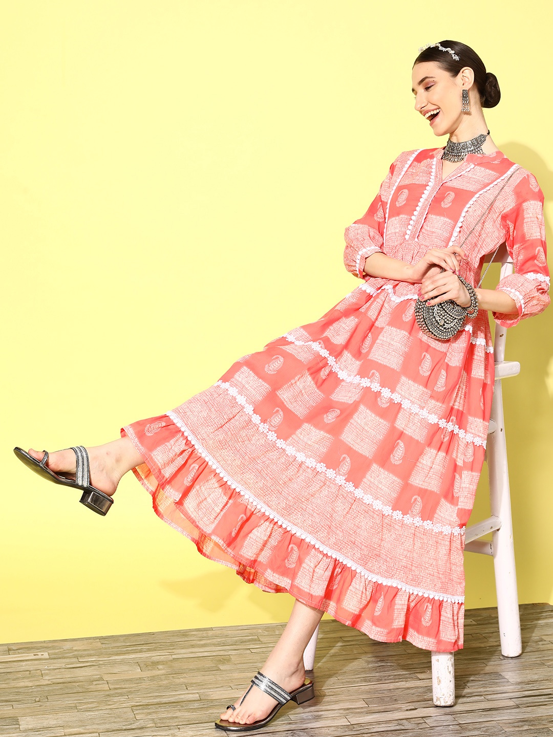 

Sangria Printed Tiered Fit & Flare Ethnic Dress, Coral
