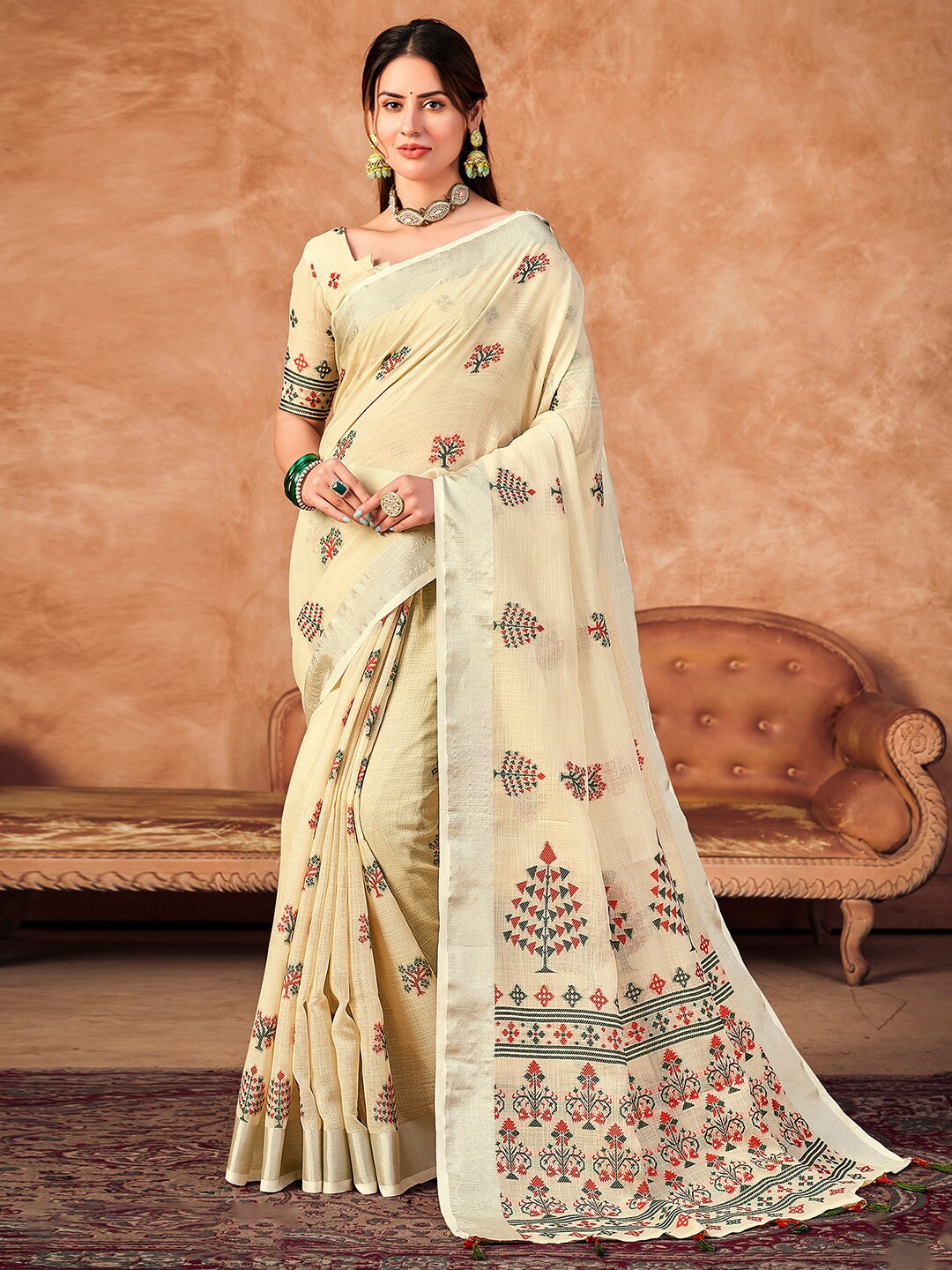 

Satrani Ethnic Motifs Woven Design Zari Linen Blend Saree, Off white