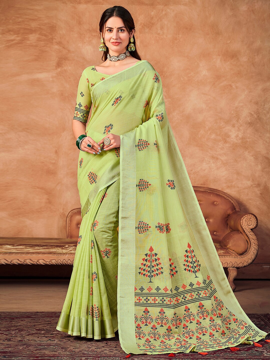 

Satrani Ethnic Motifs Woven Design Zari Linen Blend Saree, Green