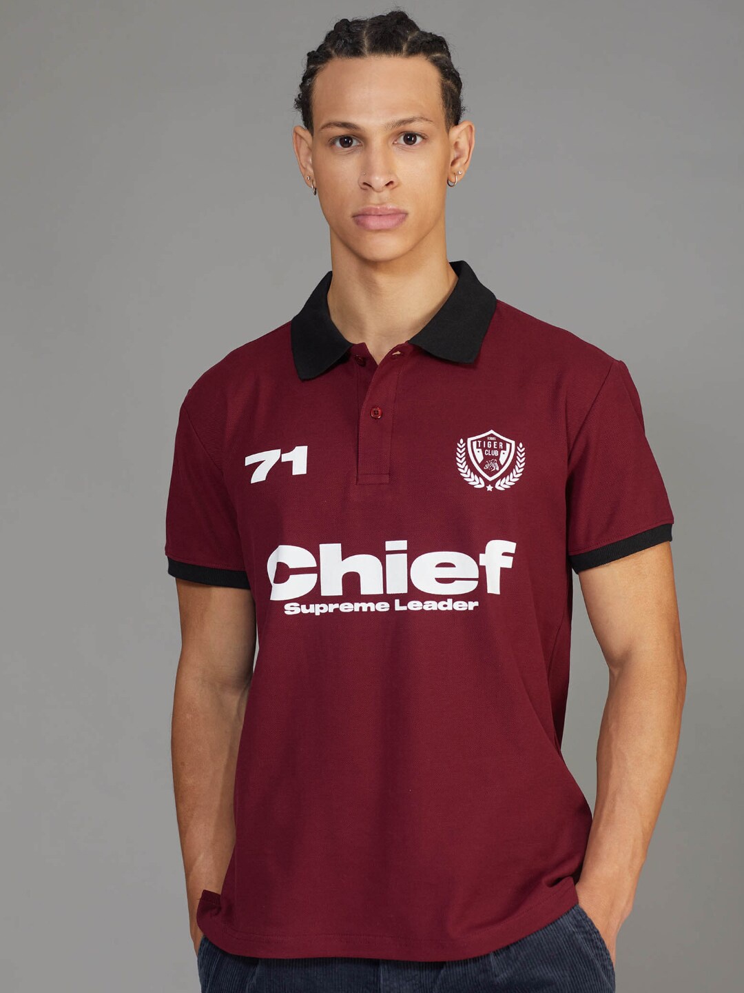 

Bonkers Corner Maroon Typography Printed Polo Collar Cotton T-shirt