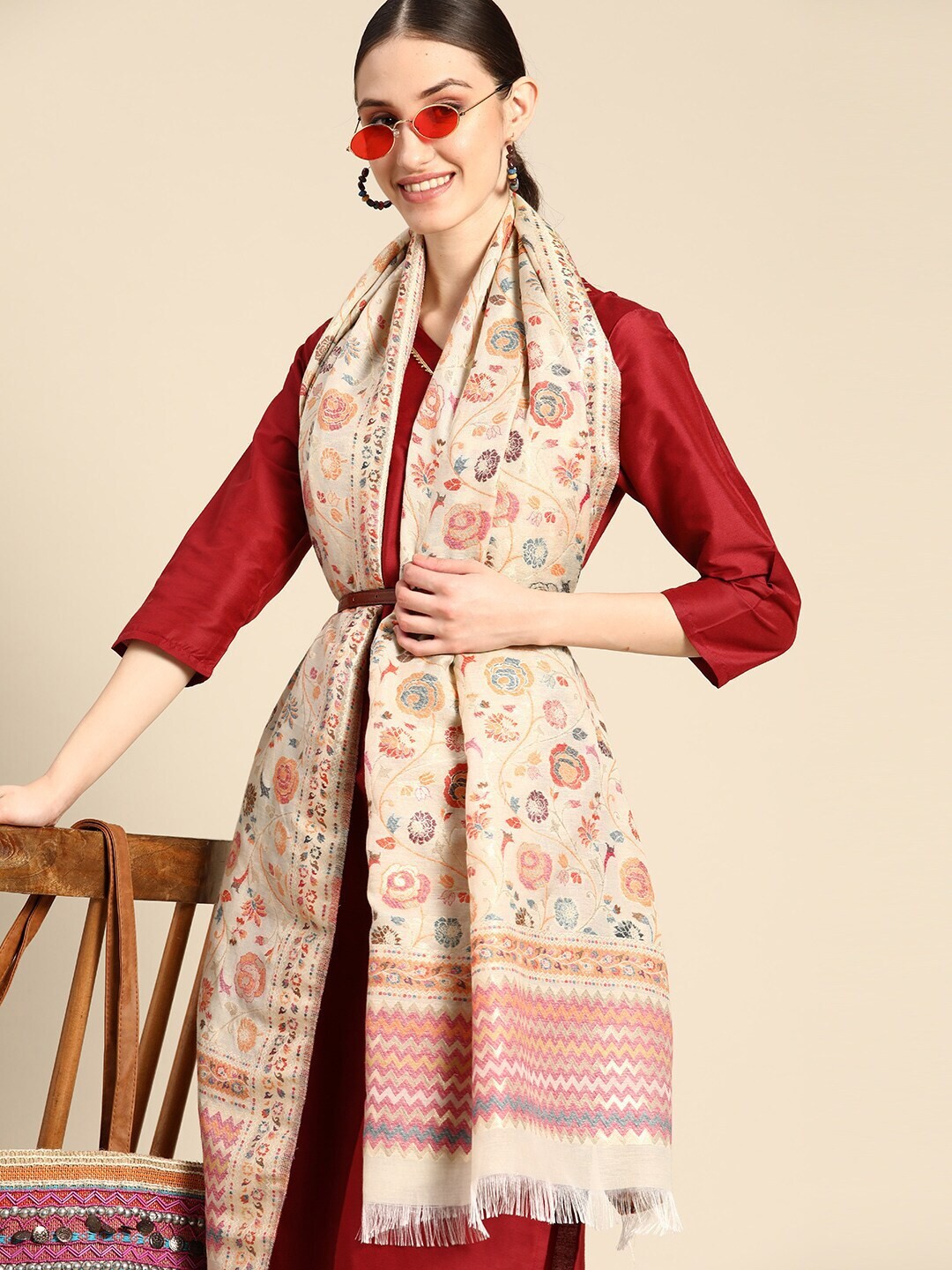 

Sangria Floral Woven-Design Art Silk Dupatta, Cream