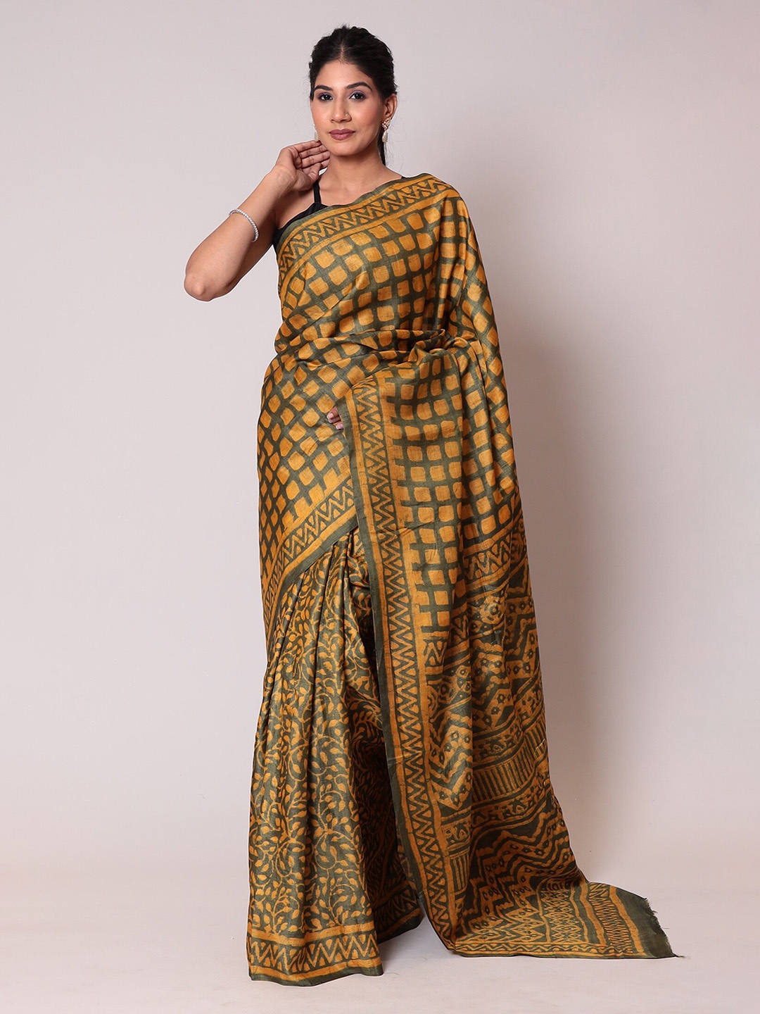 

ZARI Ethnic Motifs Cotton Silk Saree, Mustard