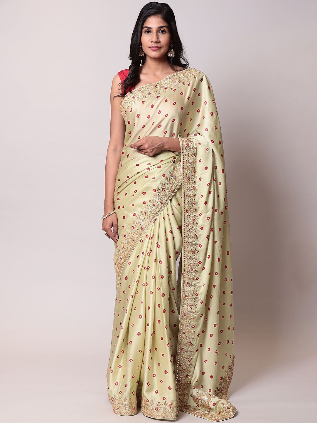 

ZARI Printed Embroidered Satin Saree, Gold