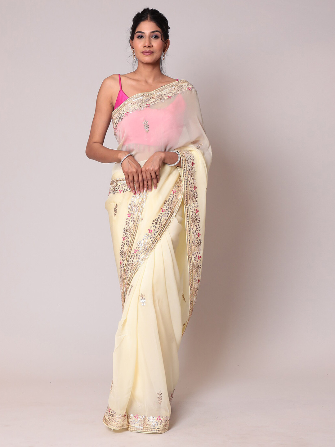 

ZARI Floral Embellished Gotta Patti Saree, Yellow