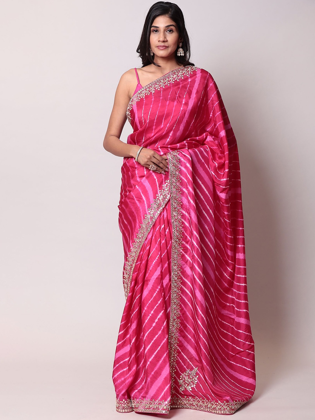 

ZARI Leheriya Printed Silk Saree, Pink