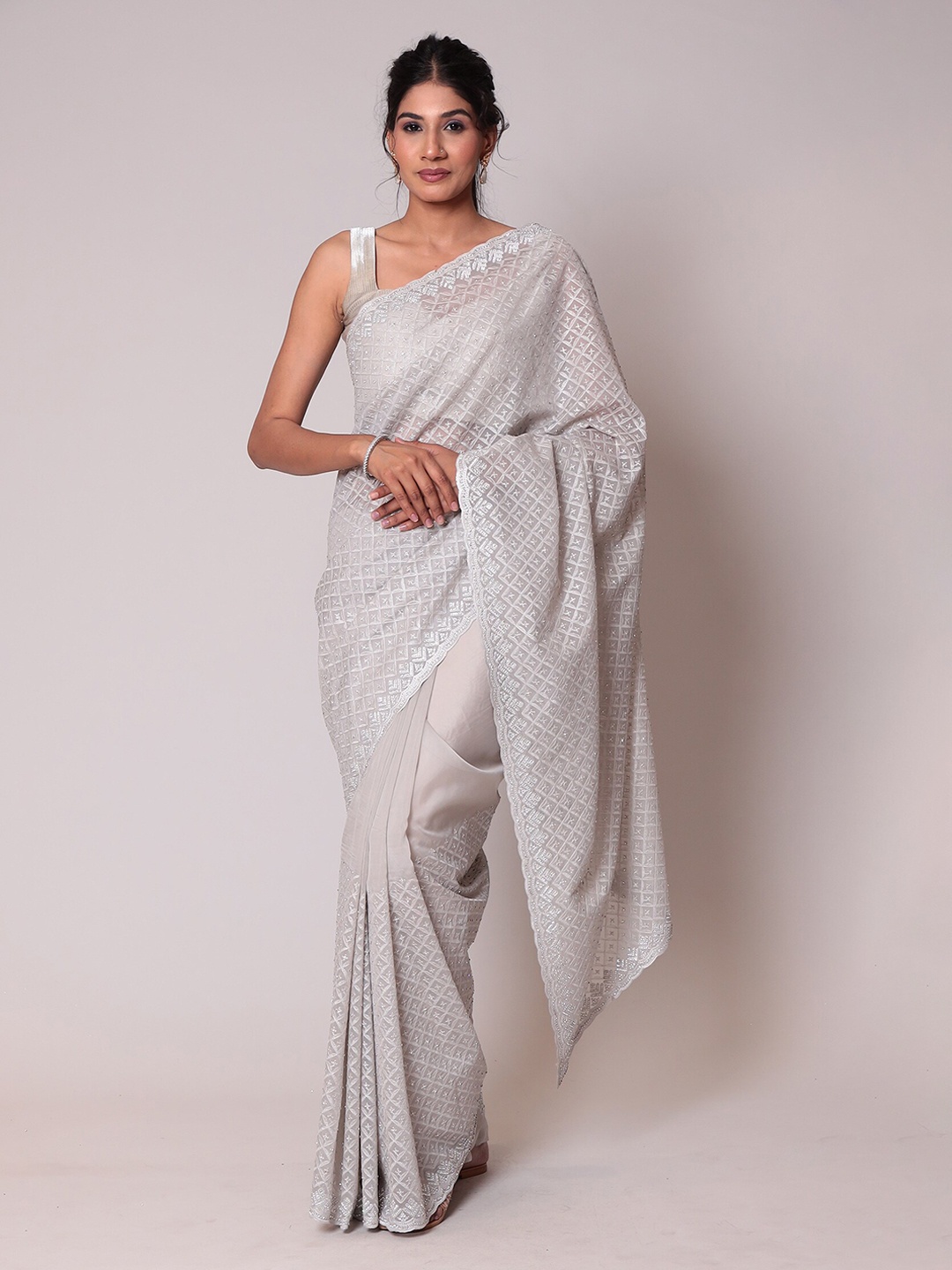 

ZARI Ethnic Motifs Embroidered Organza Saree, Grey